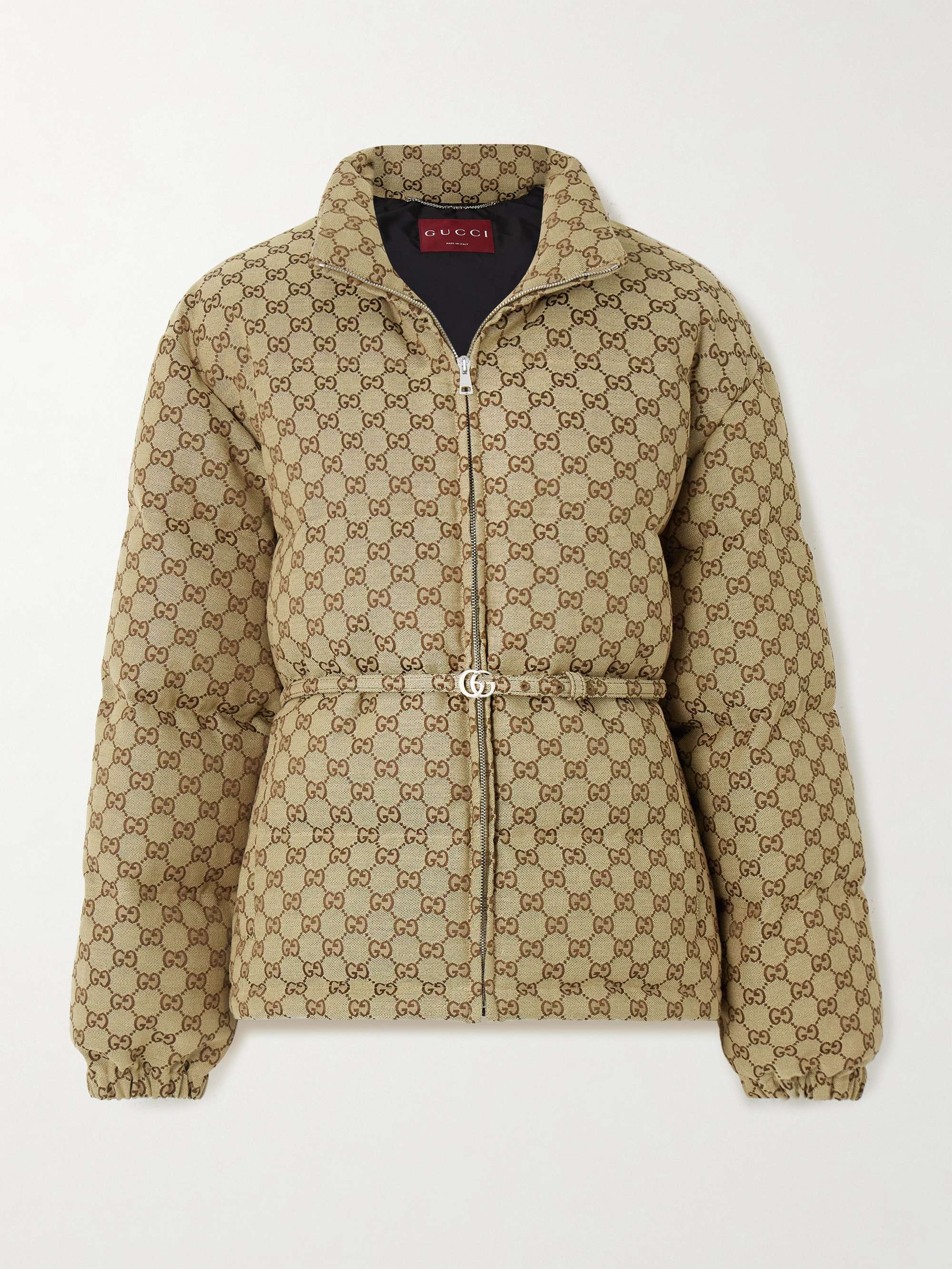 Belted leather-trimmed cotton-blend canvas down jacket view