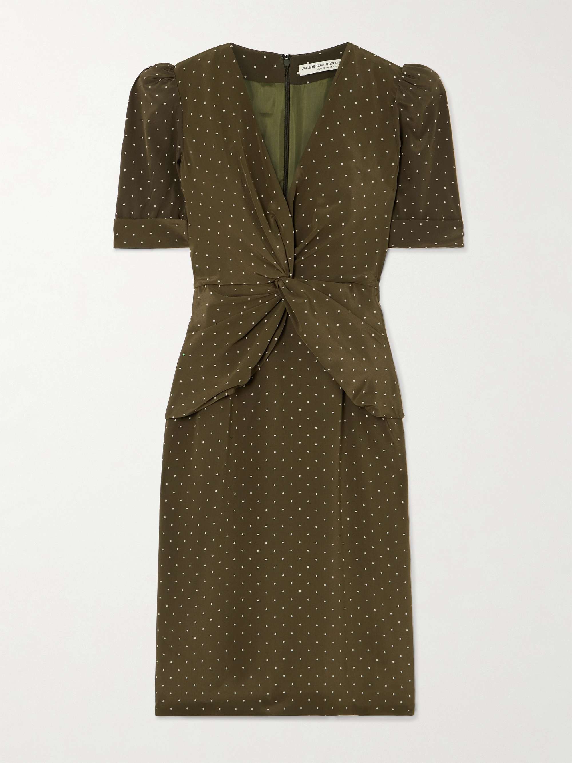 Twist-front gathered polka-dot silk midi dress view