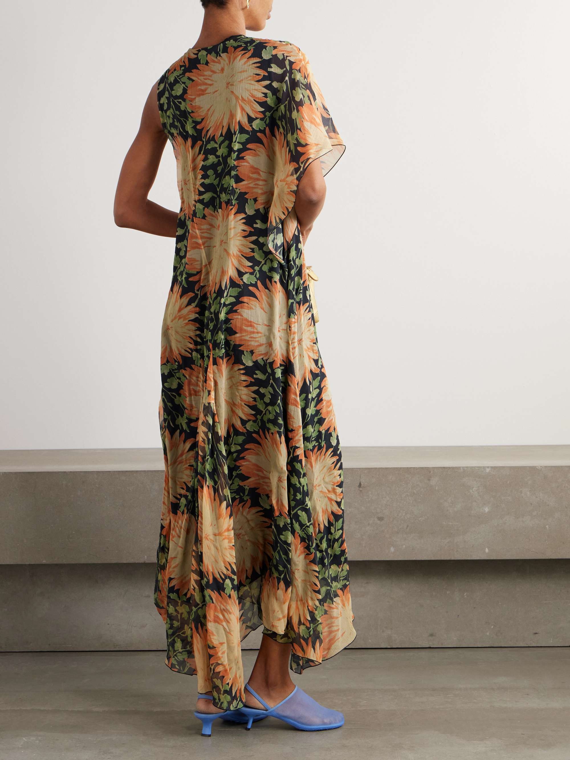 One-sleeve asymmetric floral-print silk-crepon dress view