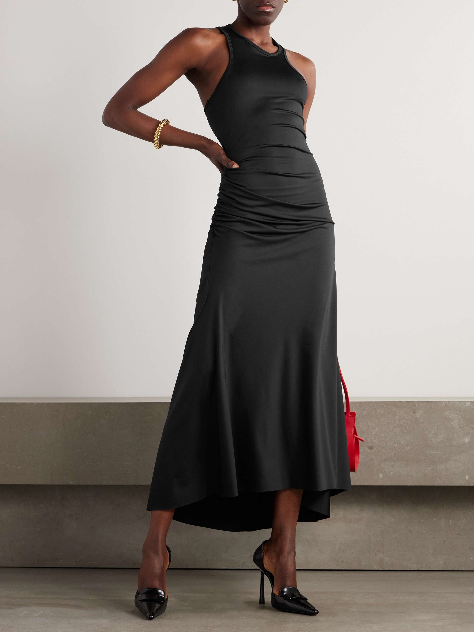 Asymmetric ruched satin-jersey midi dress view