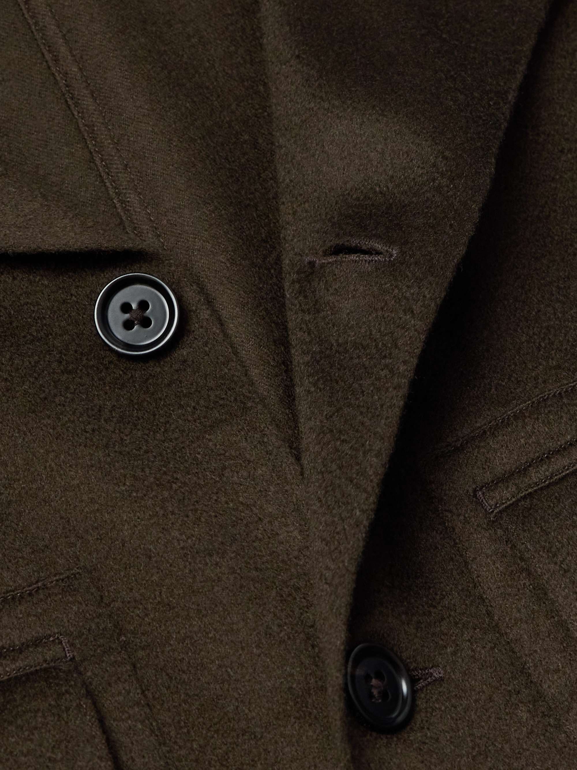 Camp-Collar Logo-Appliquéd Leather-Trimmed Oasi Cashmere Overshirt view