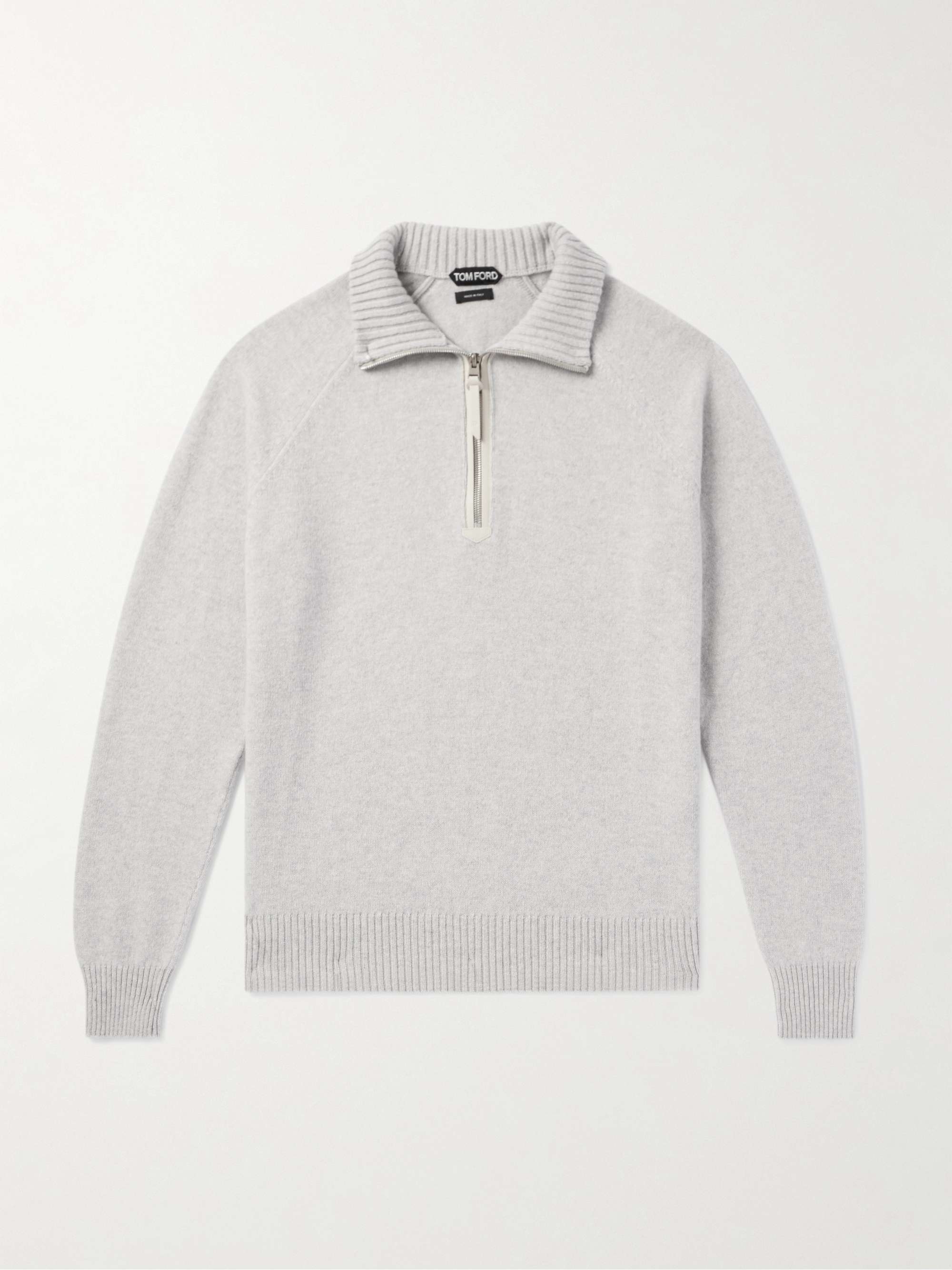 Slim-Fit Leather-Trimmed Wool and Cashmere-Blend Half-Zip Sweater view
