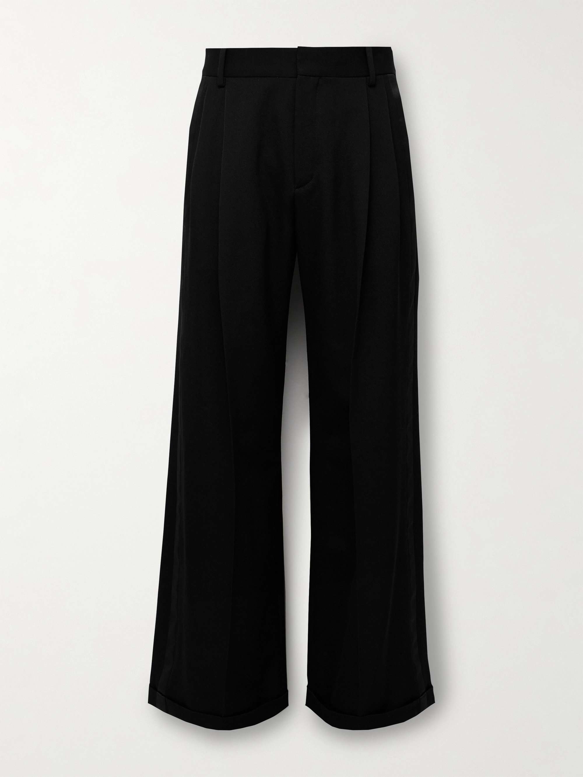 Wide-Leg Satin-Trimmed Pleated Grain de Poudre Wool Tuxedo Trousers view