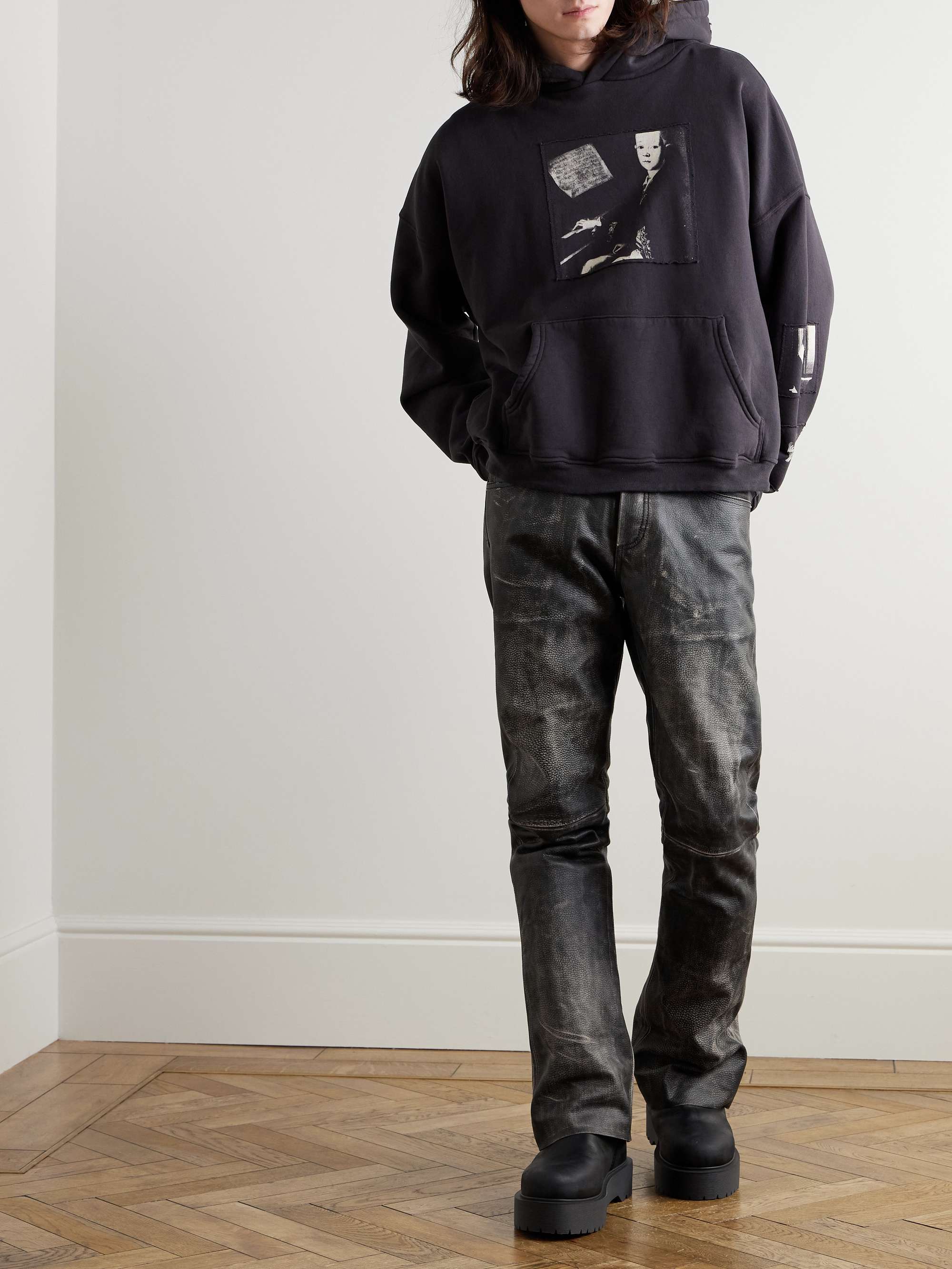 Straight-Leg Embellished Distressed Leather Trousers view