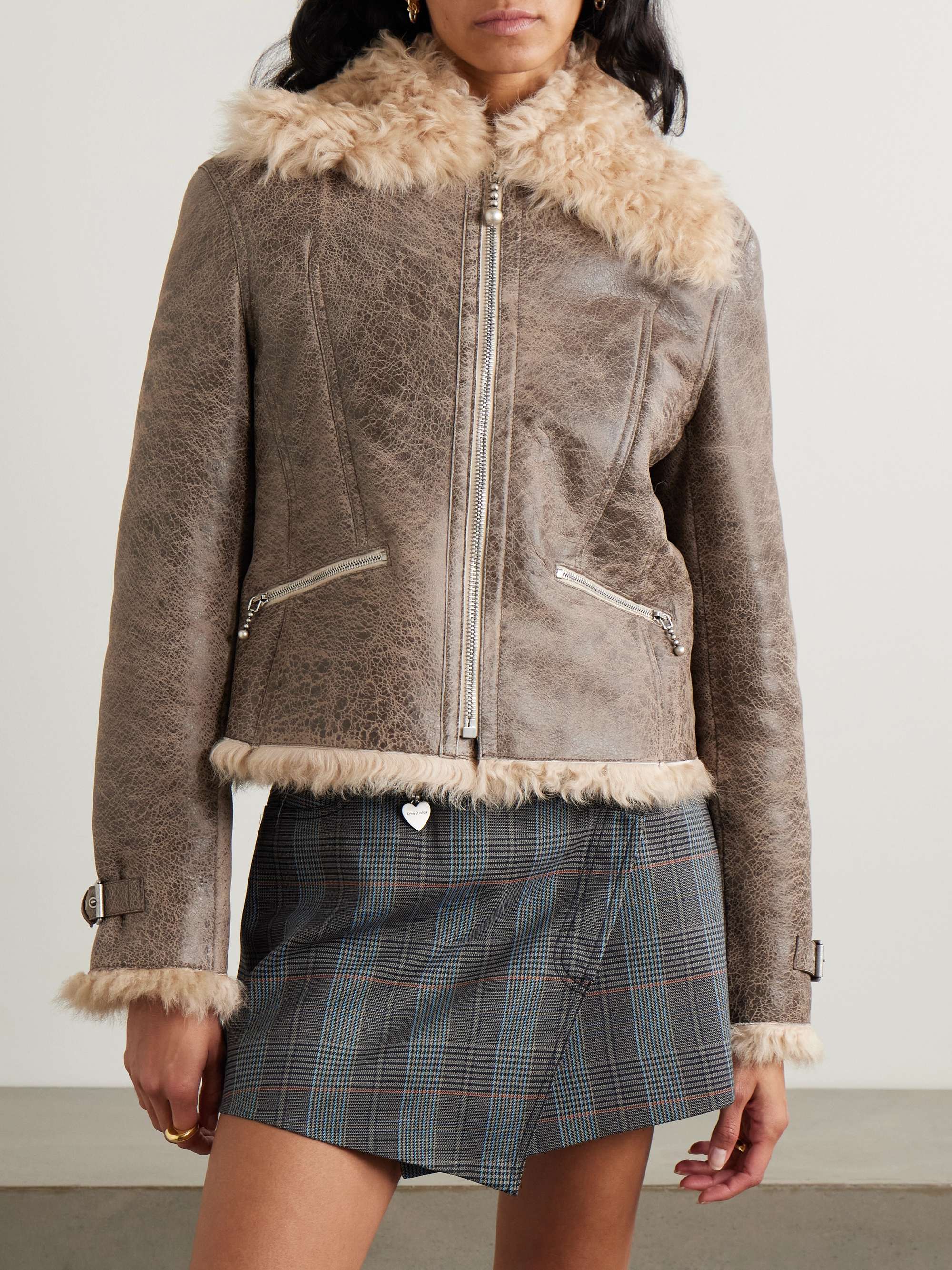 Distressed shearling jacket view