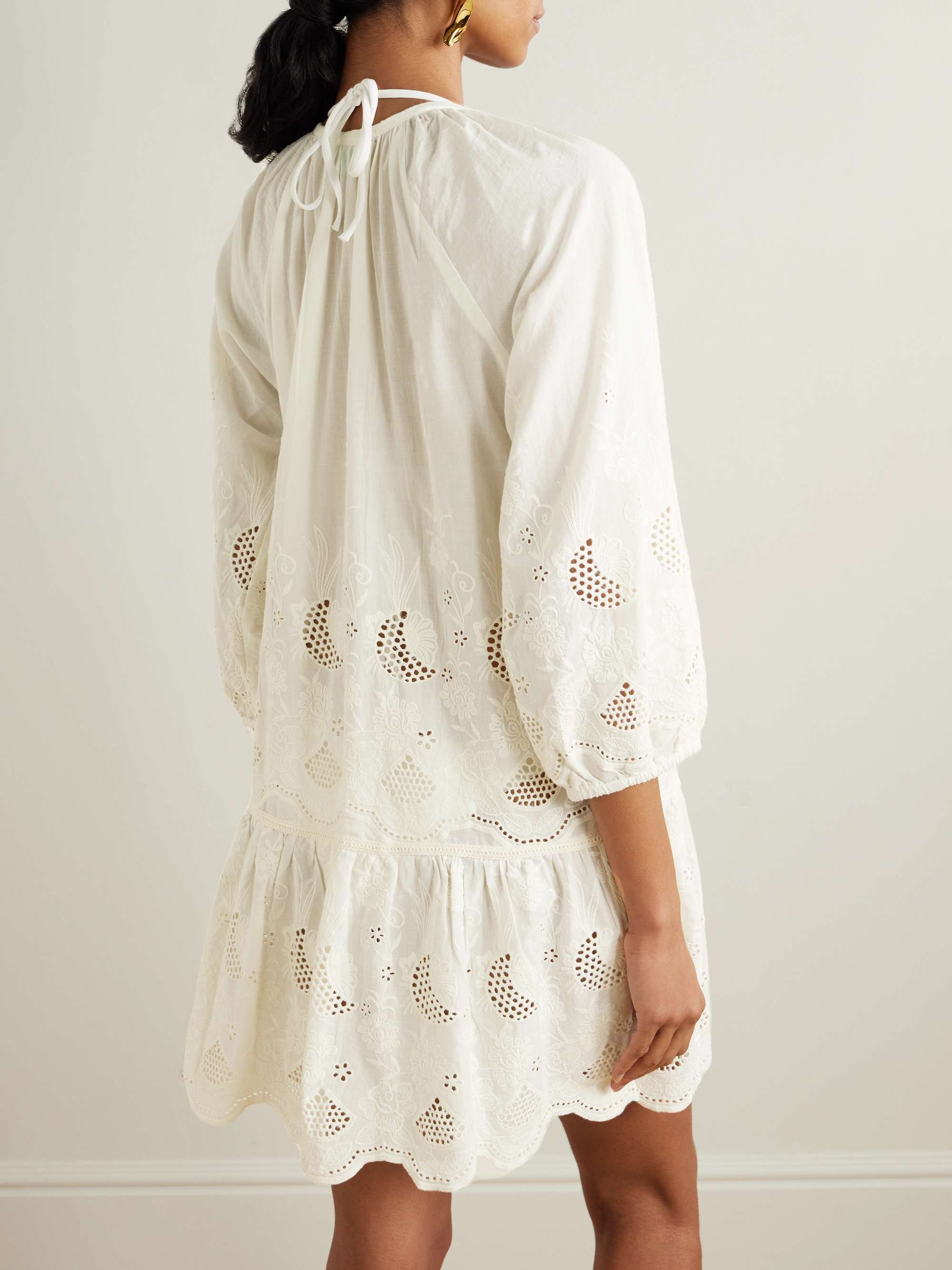 Pearl crochet-trimmed embroidered cotton-voile mini dress view