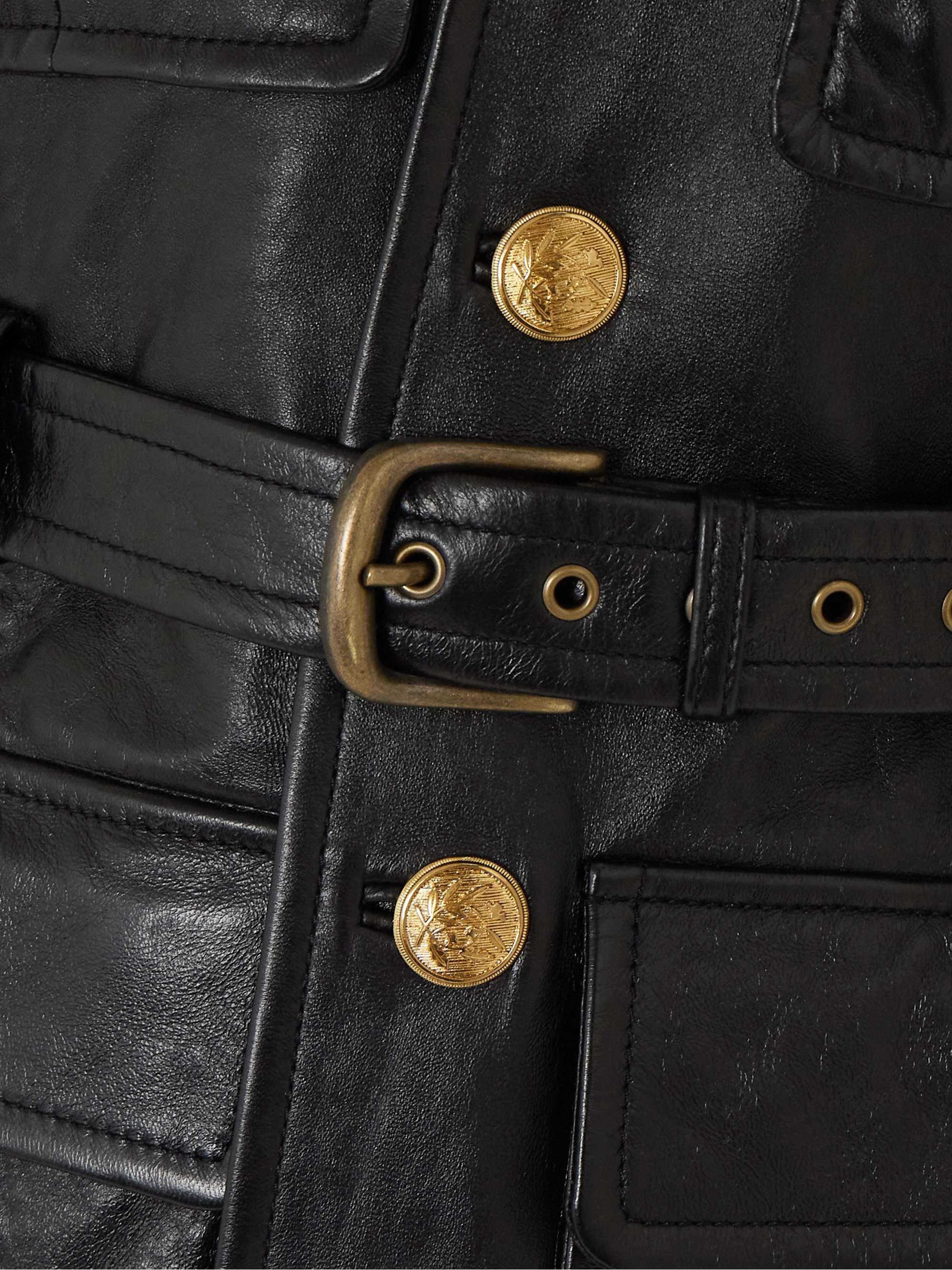 Belted glossed textured-leather jacket view