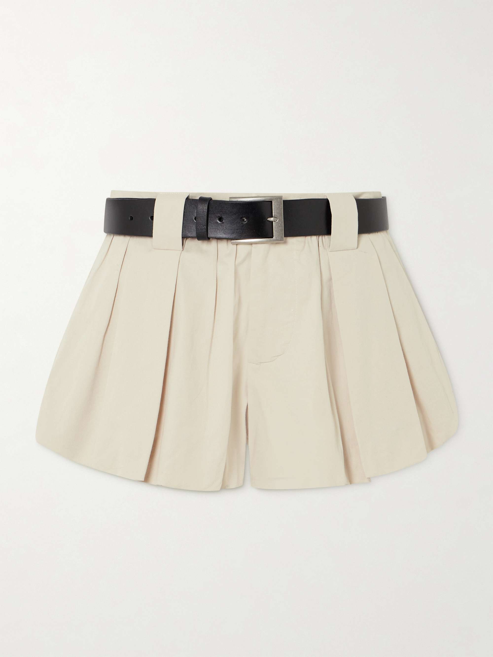 Adele leather-trimmed belted pleated cotton-poplin shorts view