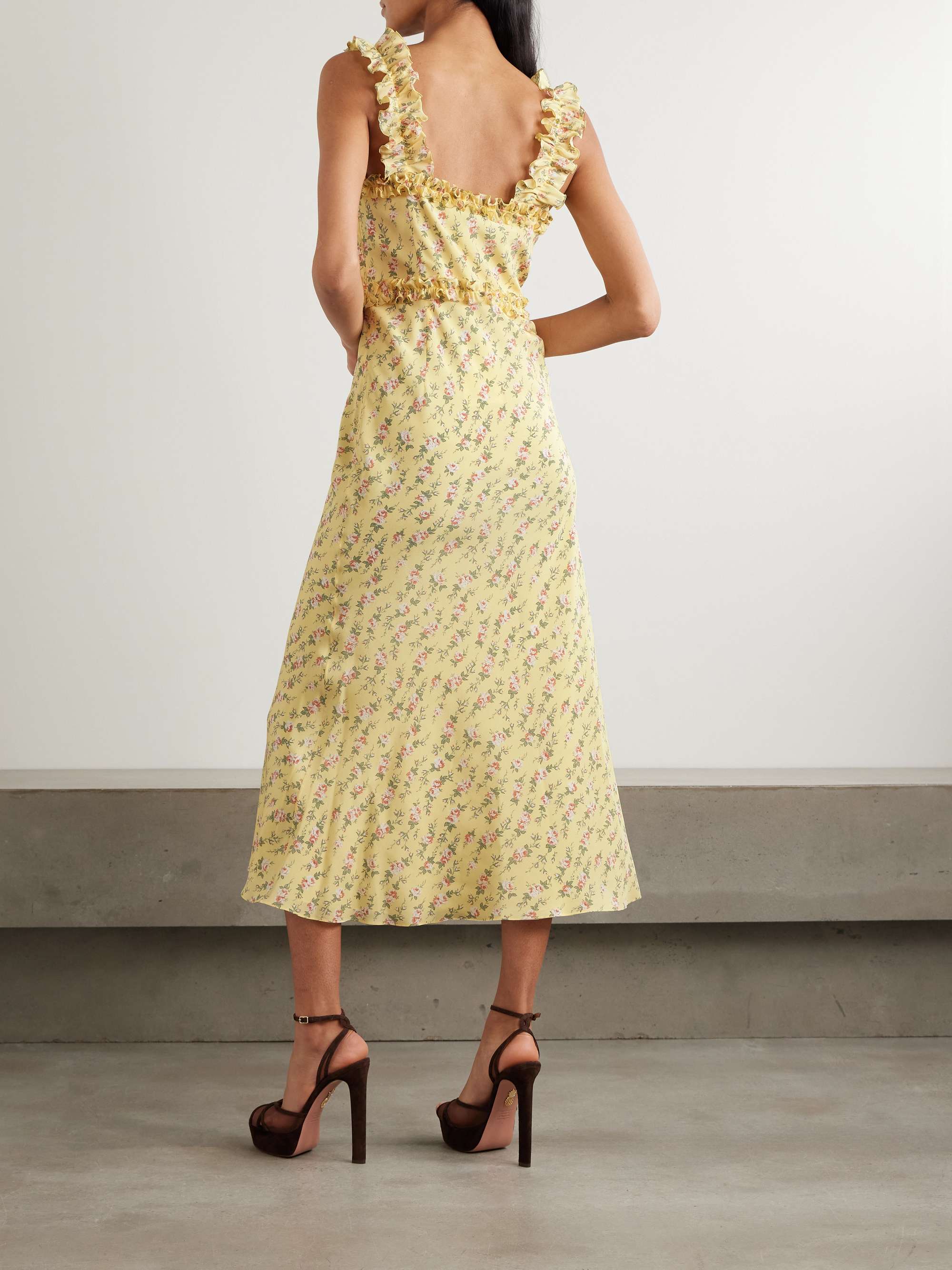 Bow-detailed ruffled floral-print silk crepe de chine midi dress view