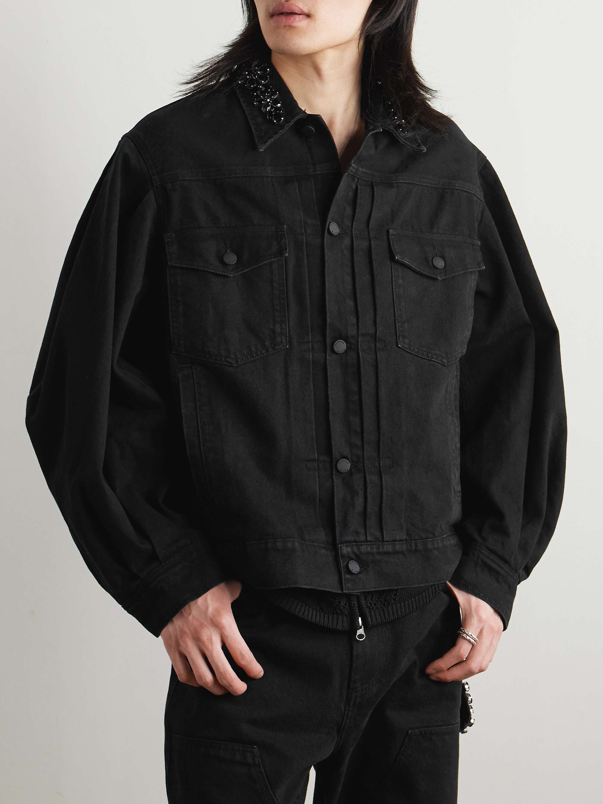 Crystal-Embellished Pleated Denim Jacket view