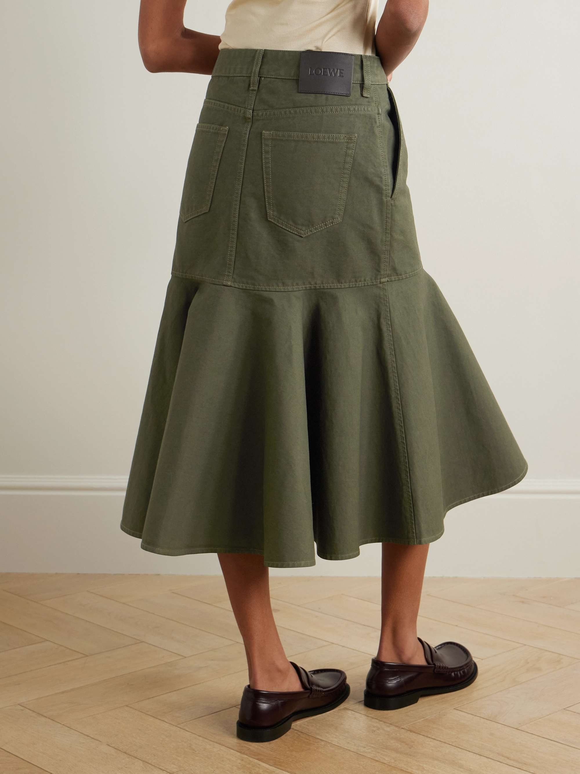 Ruffled leather-trimmed cotton-twill midi skirt view