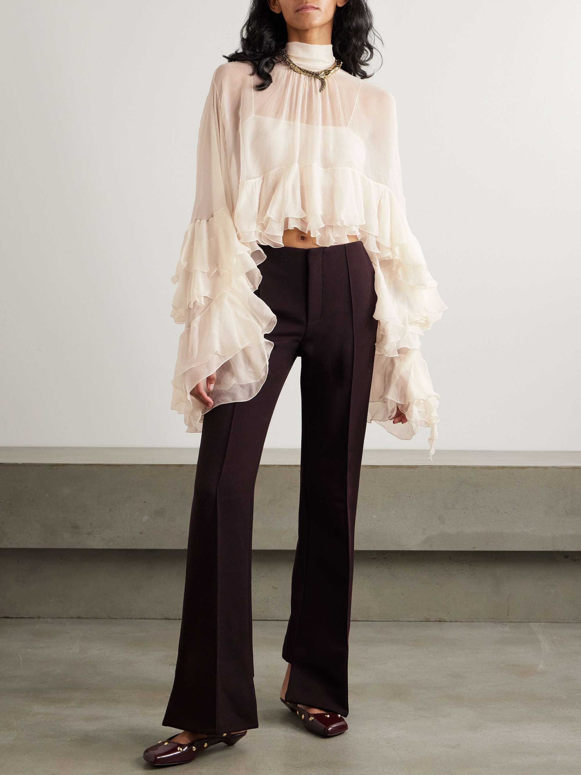 Ruffled tiered silk-mousseline turtleneck blouse view