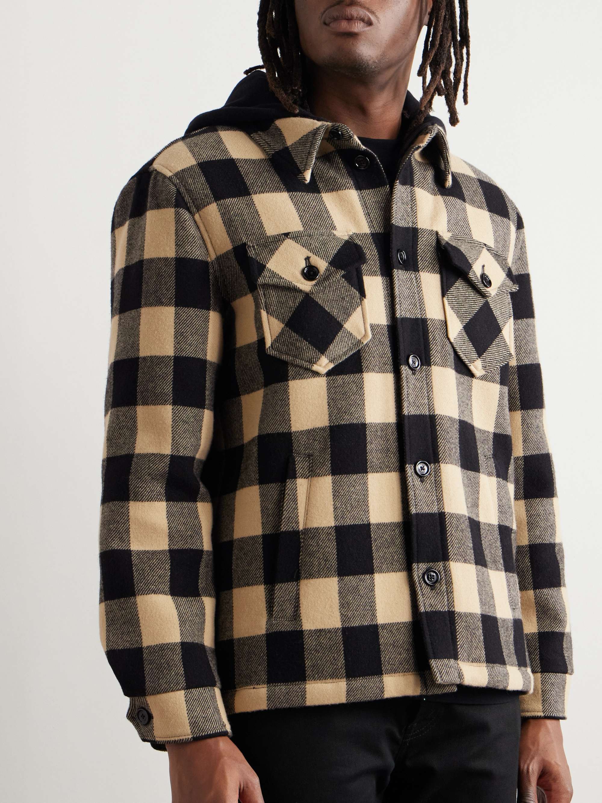 Logo-Print Cotton Jersey-Trimmed Padded Checked Wool Hooded Overshirt view