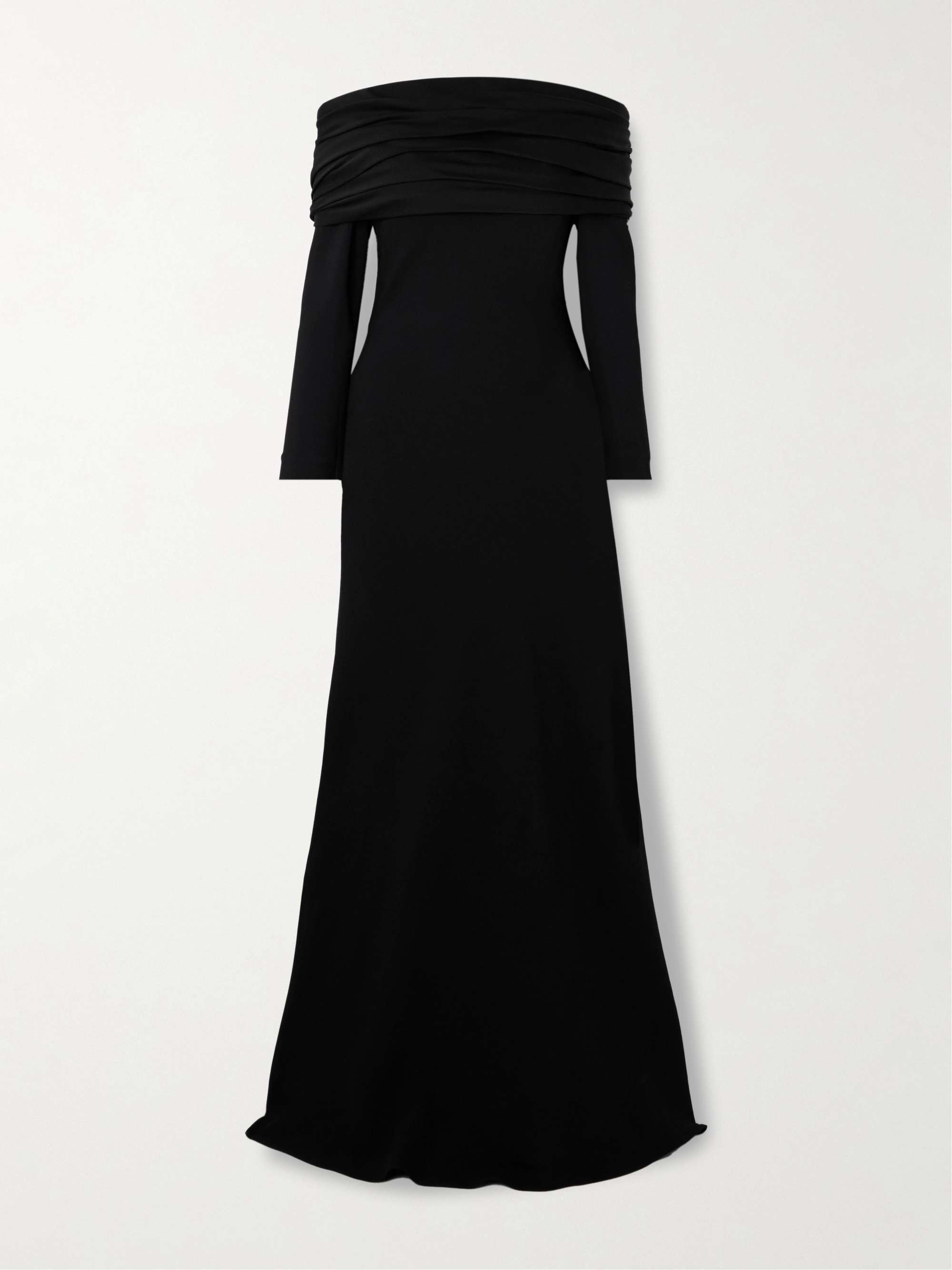 Off-the-shoulder bow-embellished pleated satin-trimmed crepe maxi dress view