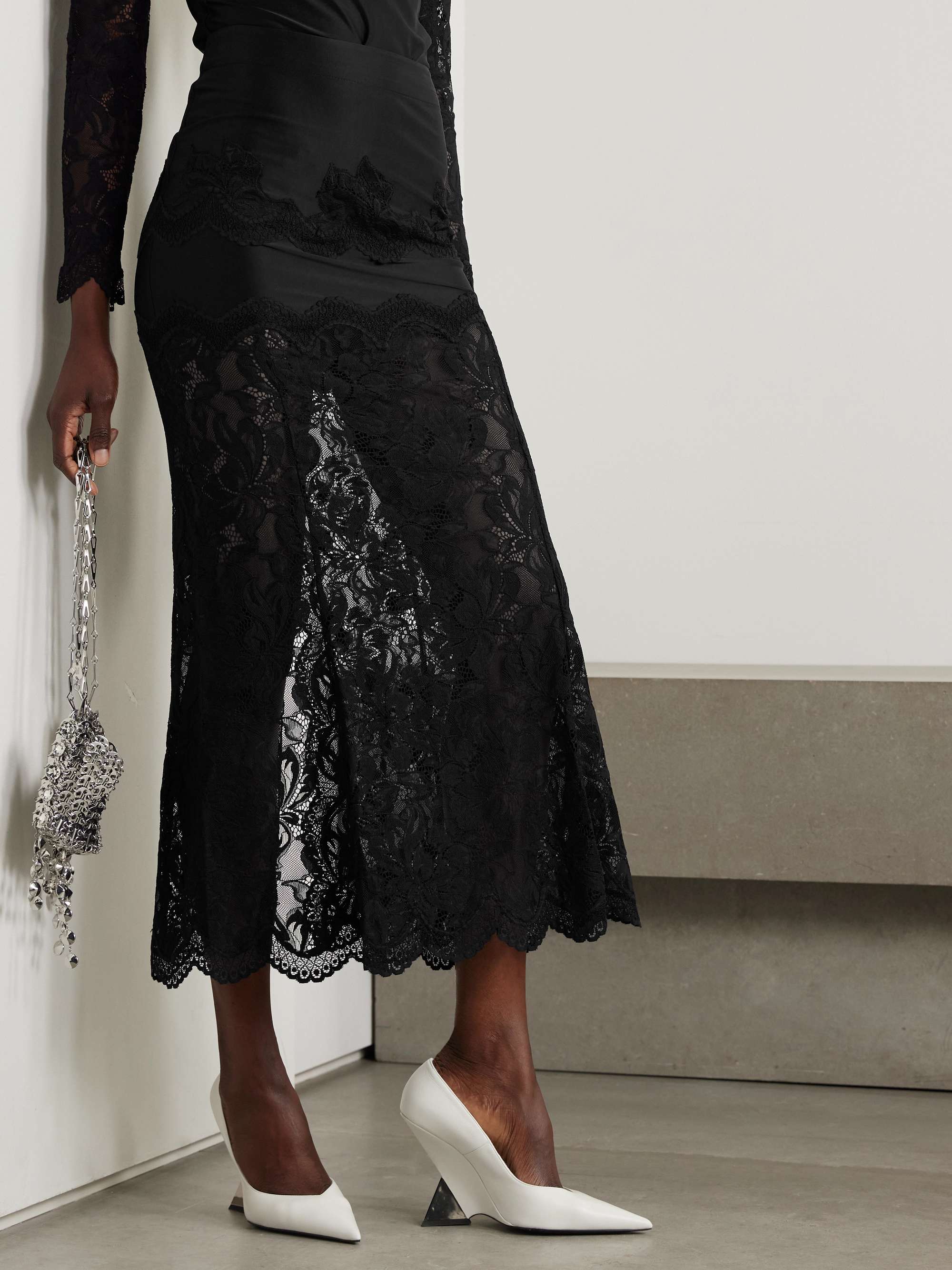 Scalloped satin and lace midi skirt view