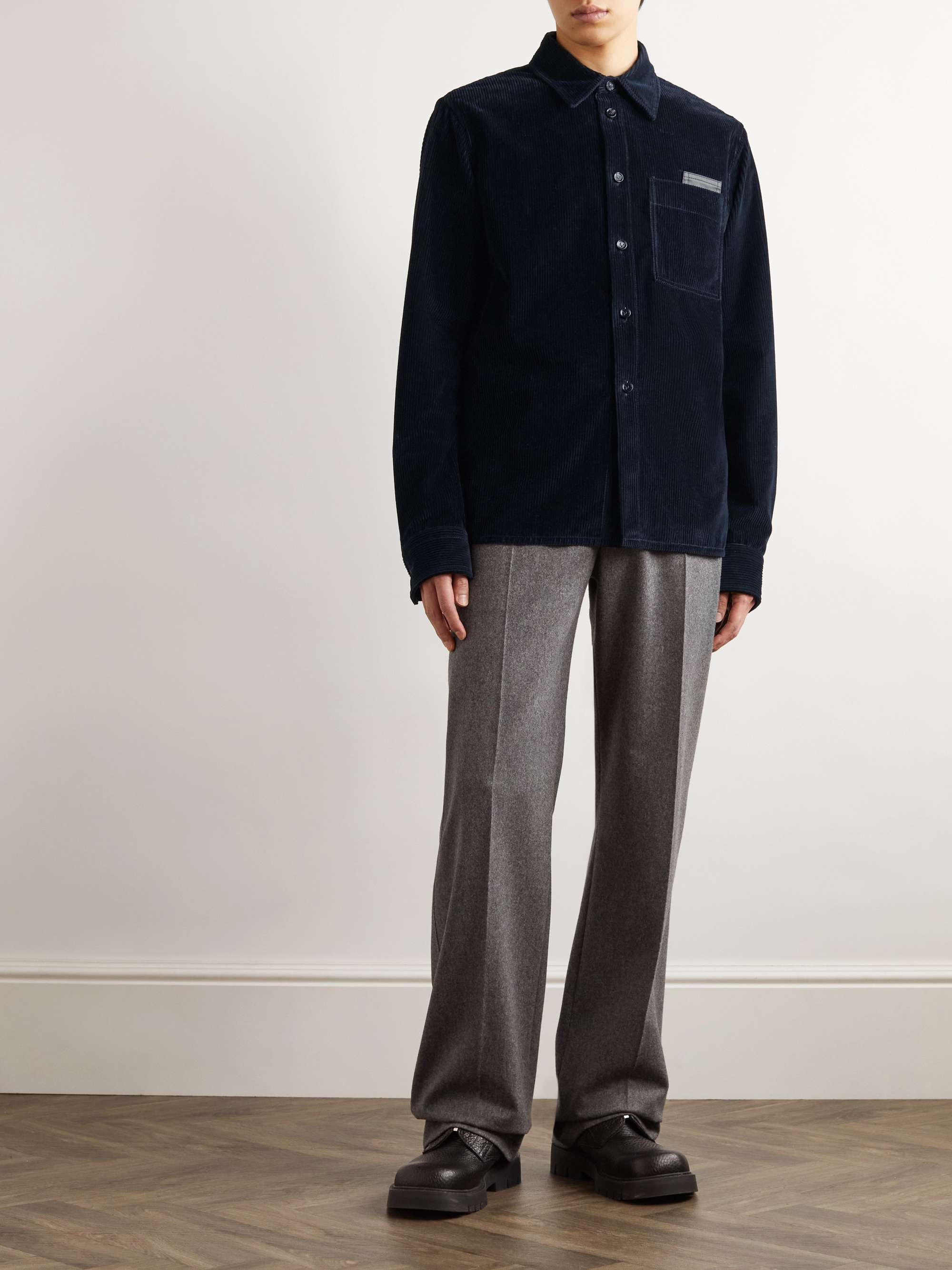 Leather-Trimmed Cotton-Corduroy Overshirt view