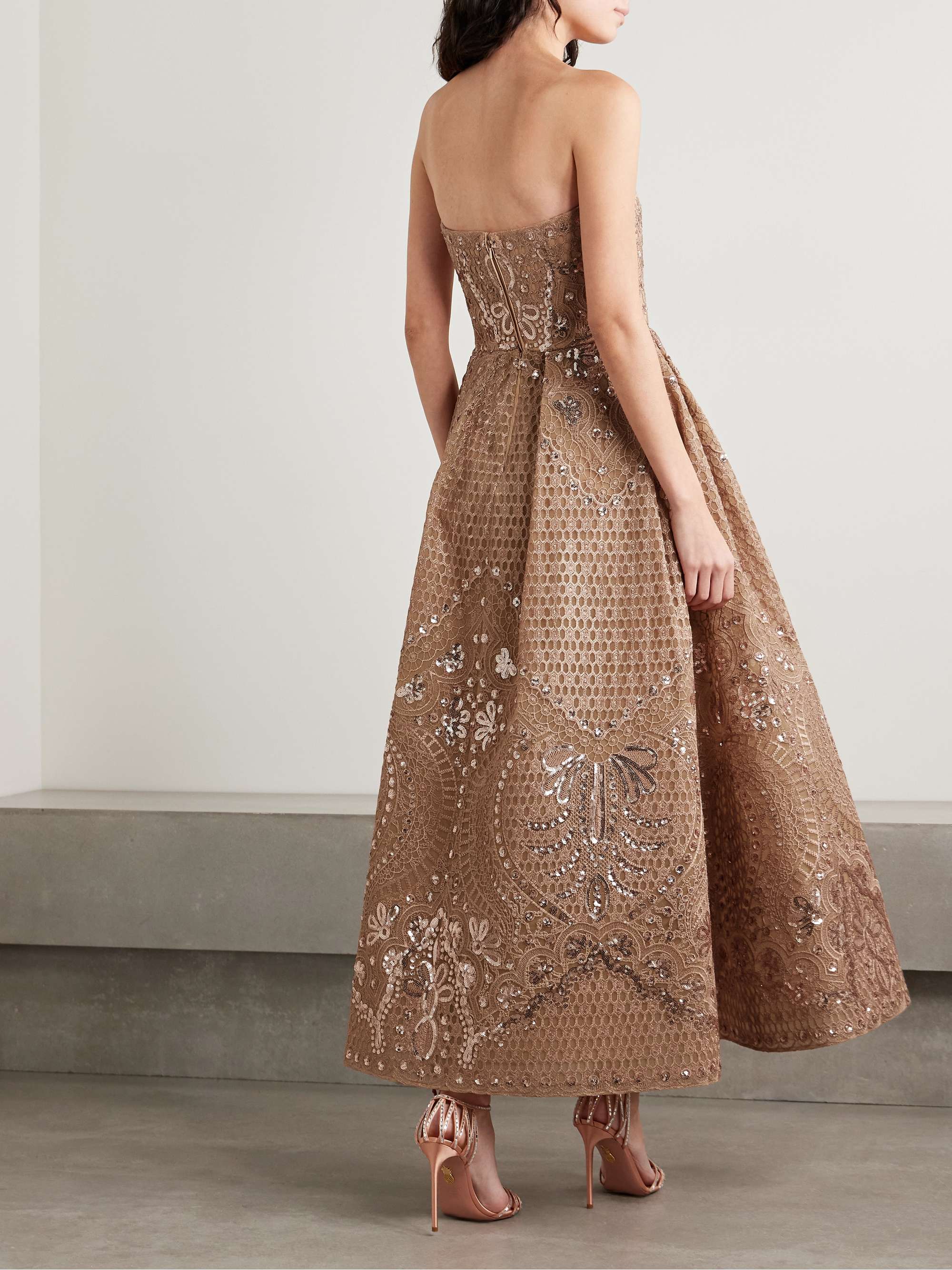 Strapless sequined embroidered tulle midi dress view