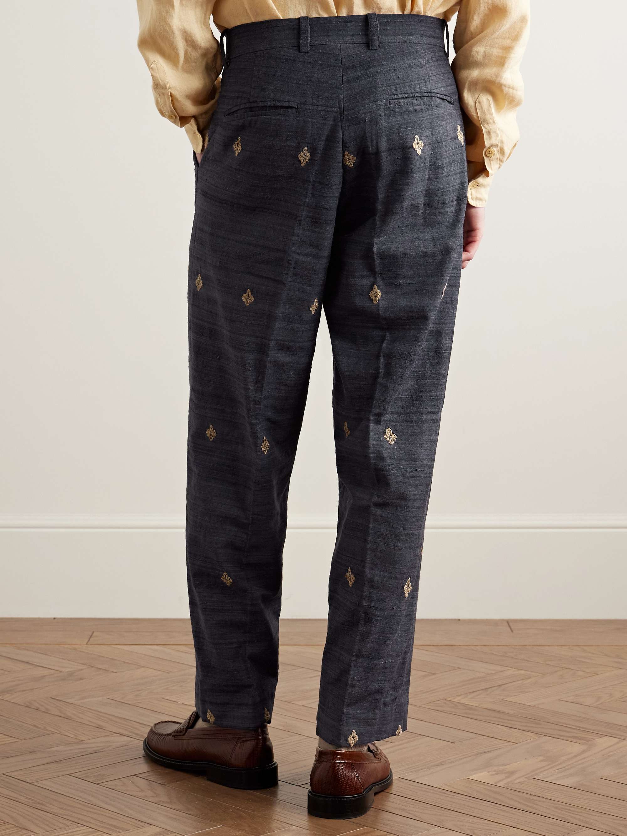 Straight-Leg Pleated Embroidered Silk Trousers view