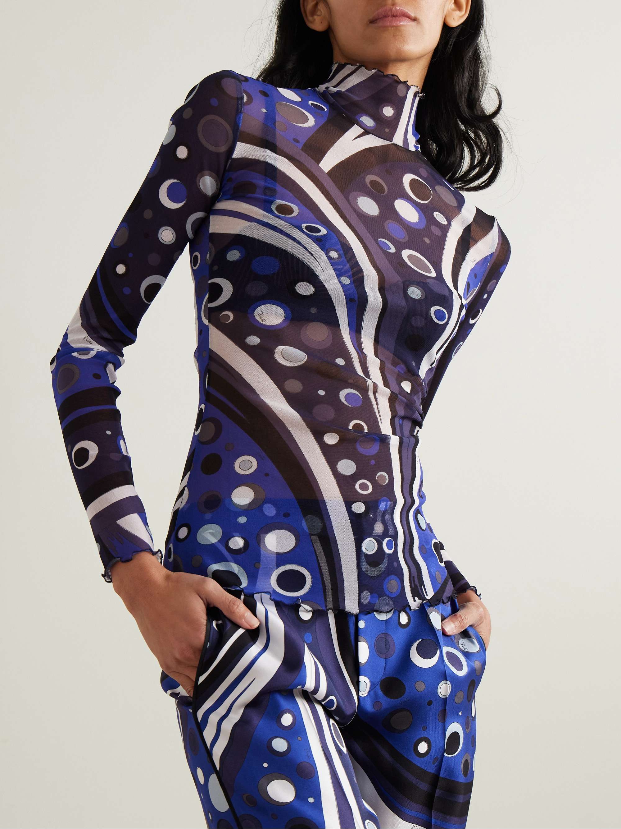 Printed tulle turtleneck top view