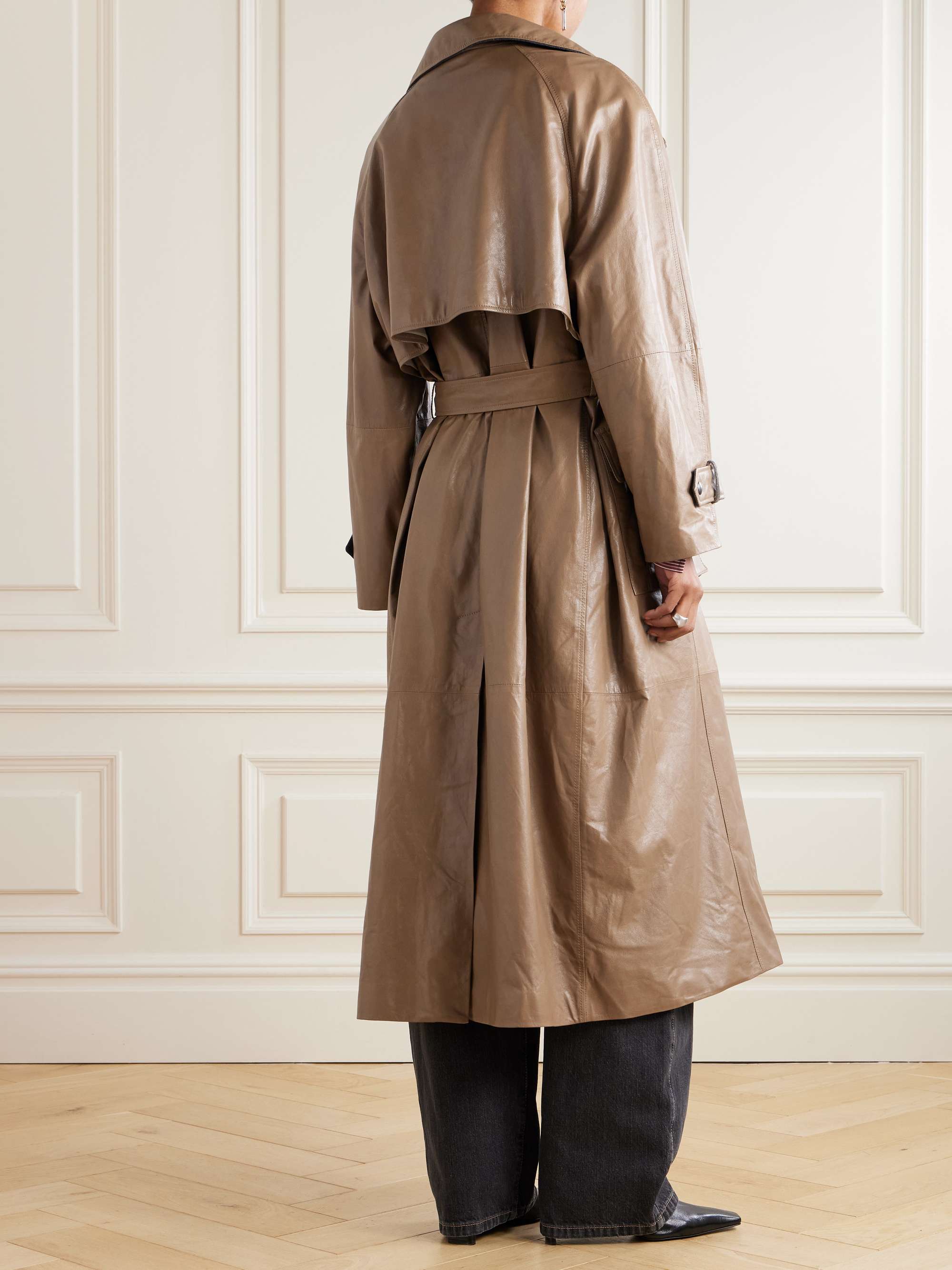 Bead-embellished belted double-breasted leather trench coat view