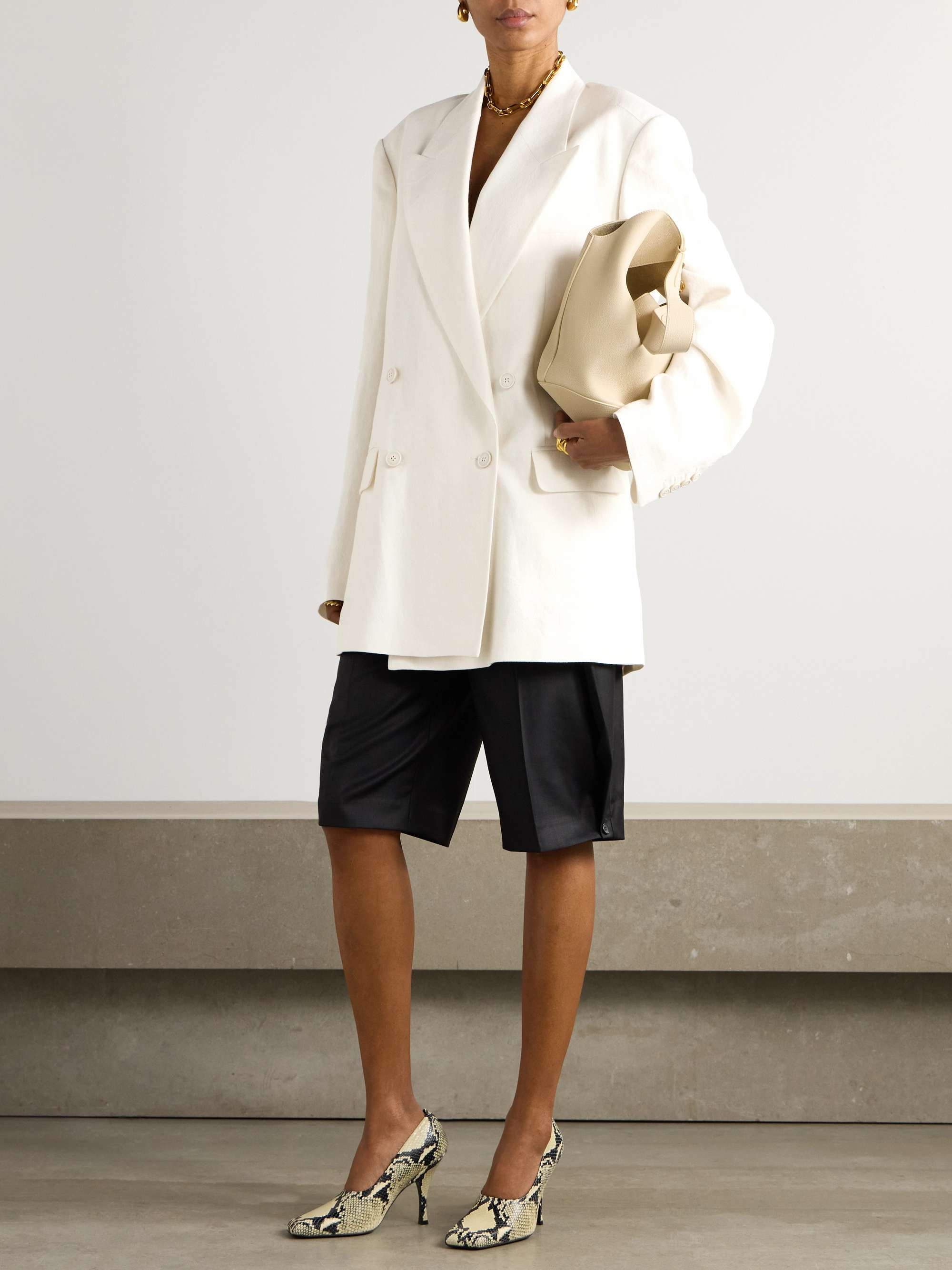 Oversized double-breasted linen, wool, silk and cashmere-blend blazer view