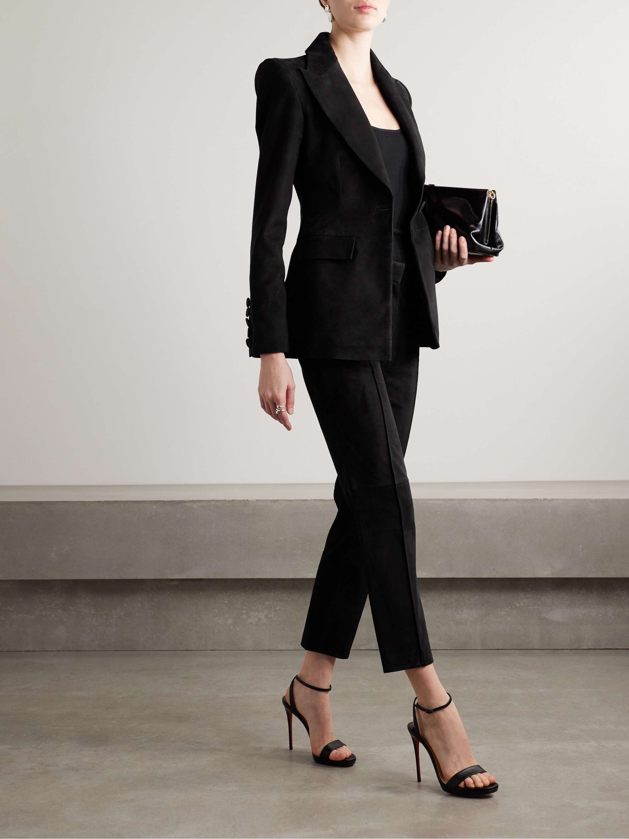 Cropped slim-leg suede pants view