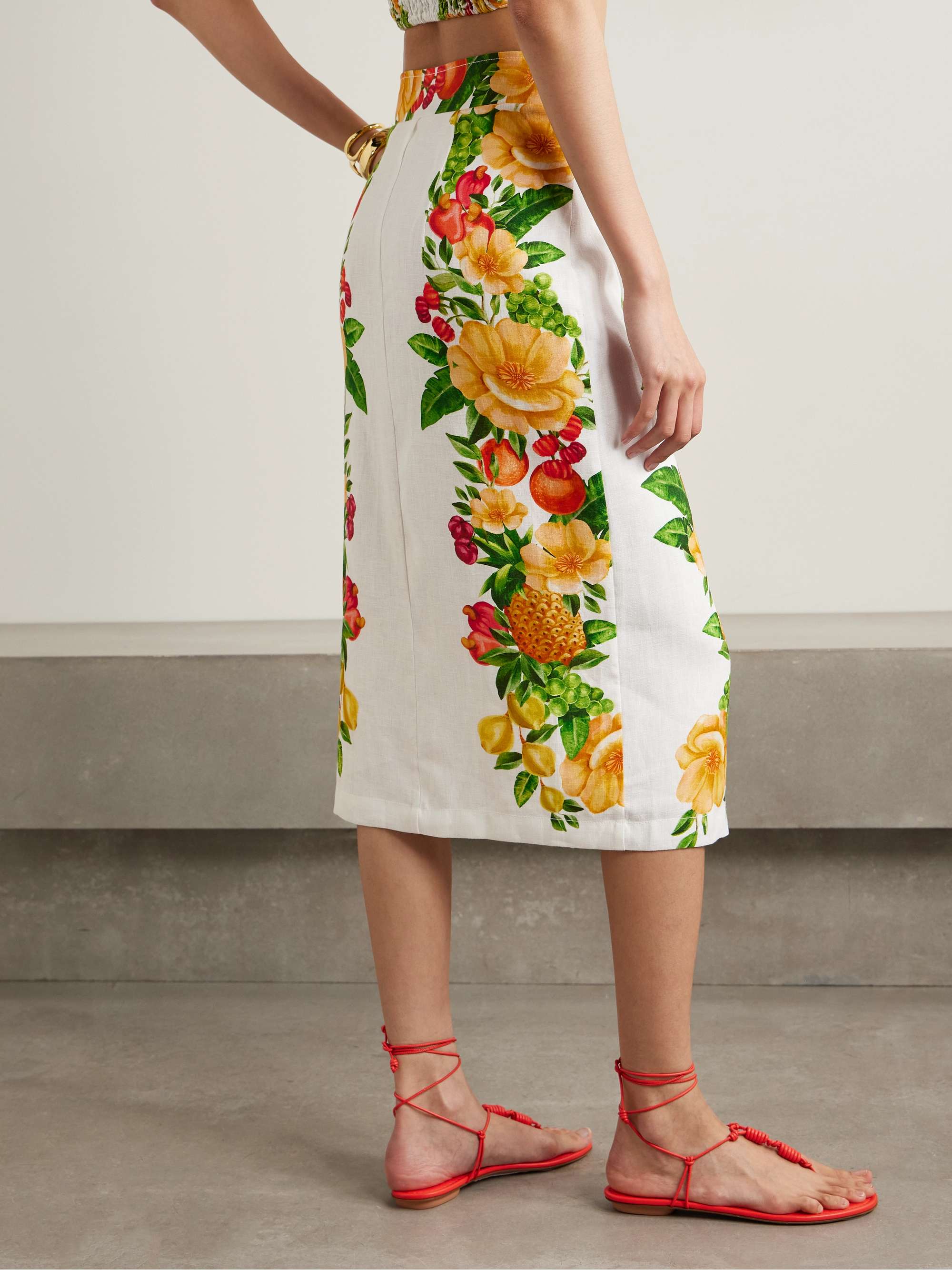 Floral-print linen midi wrap skirt view