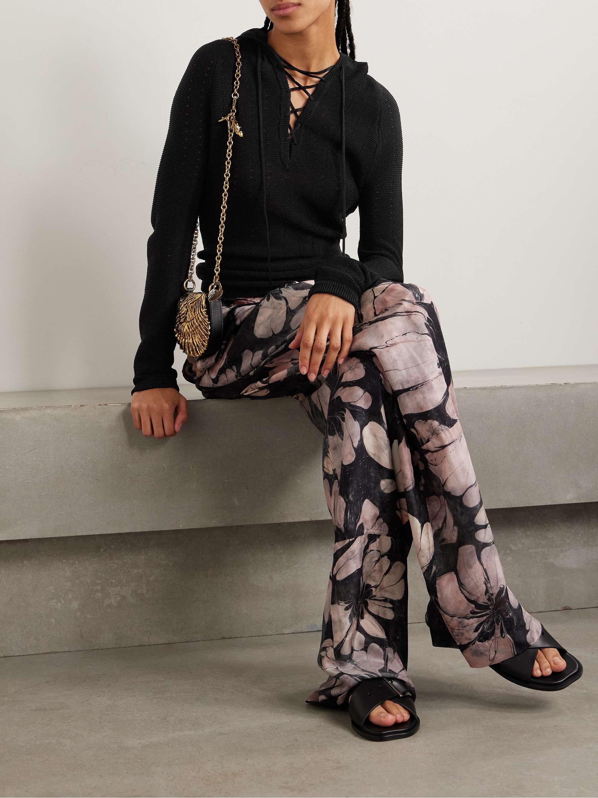 Hooded lace-up pointelle-knit silk-blend sweater view