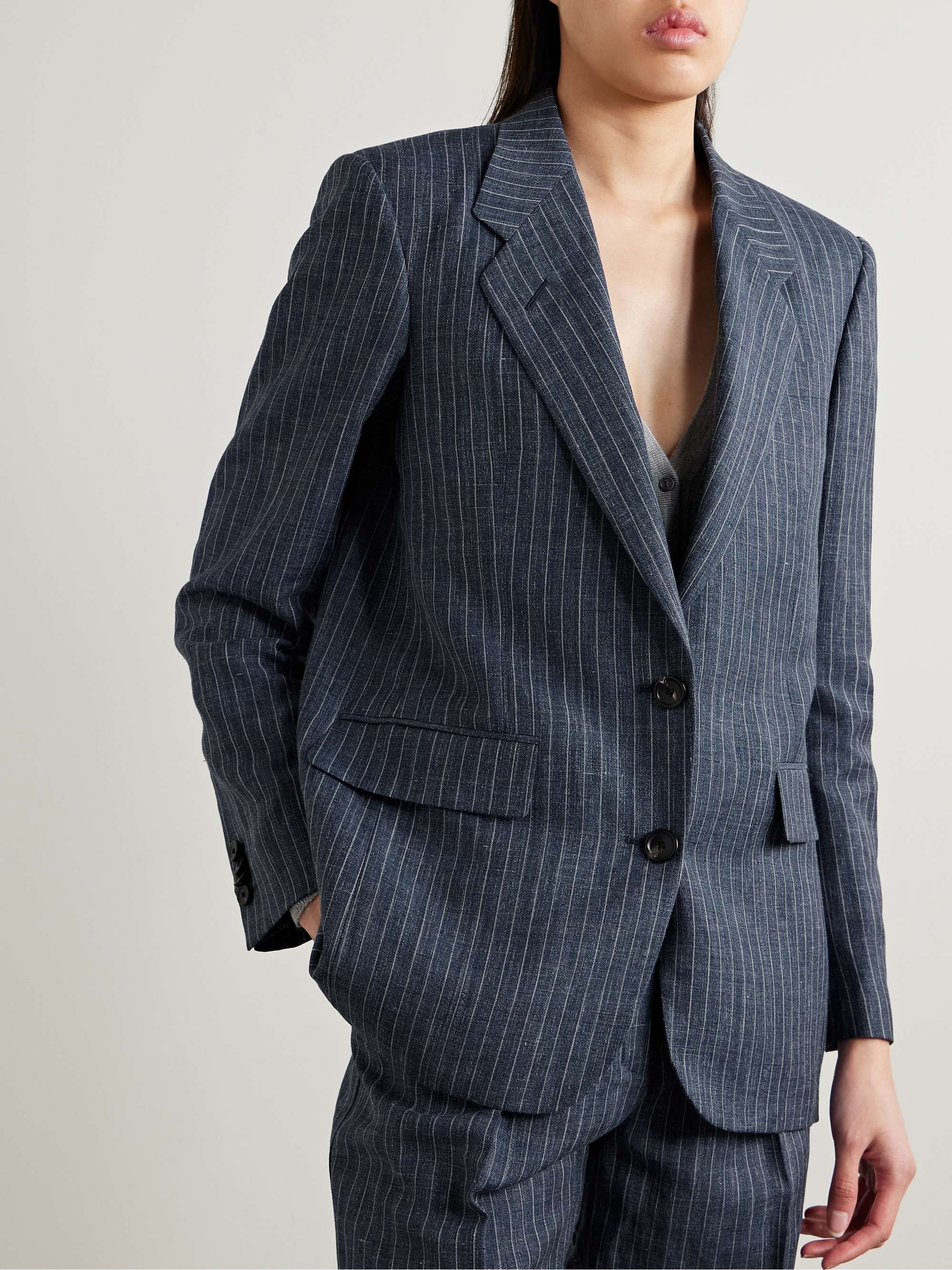 Pinstriped linen, wool and silk-blend blazer view