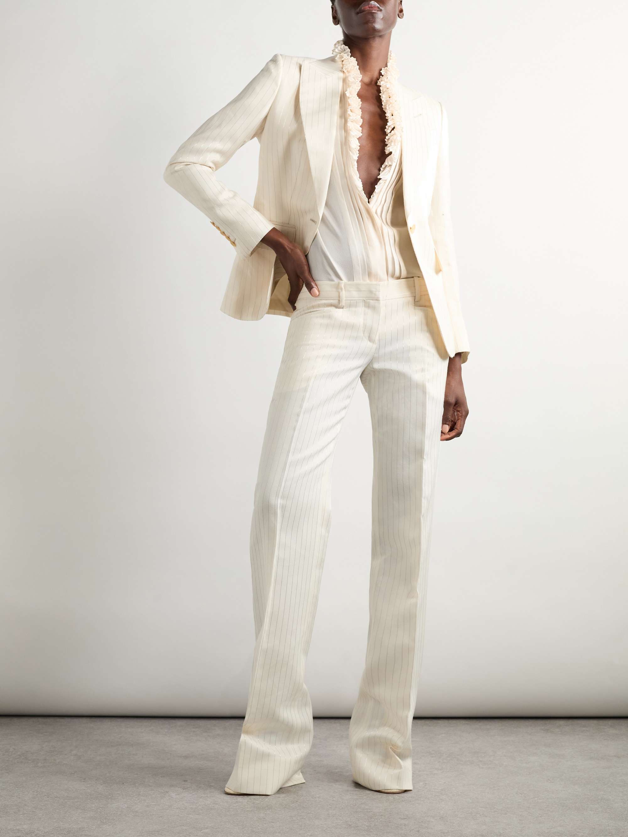 Striped wool-blend straight-leg trousers view