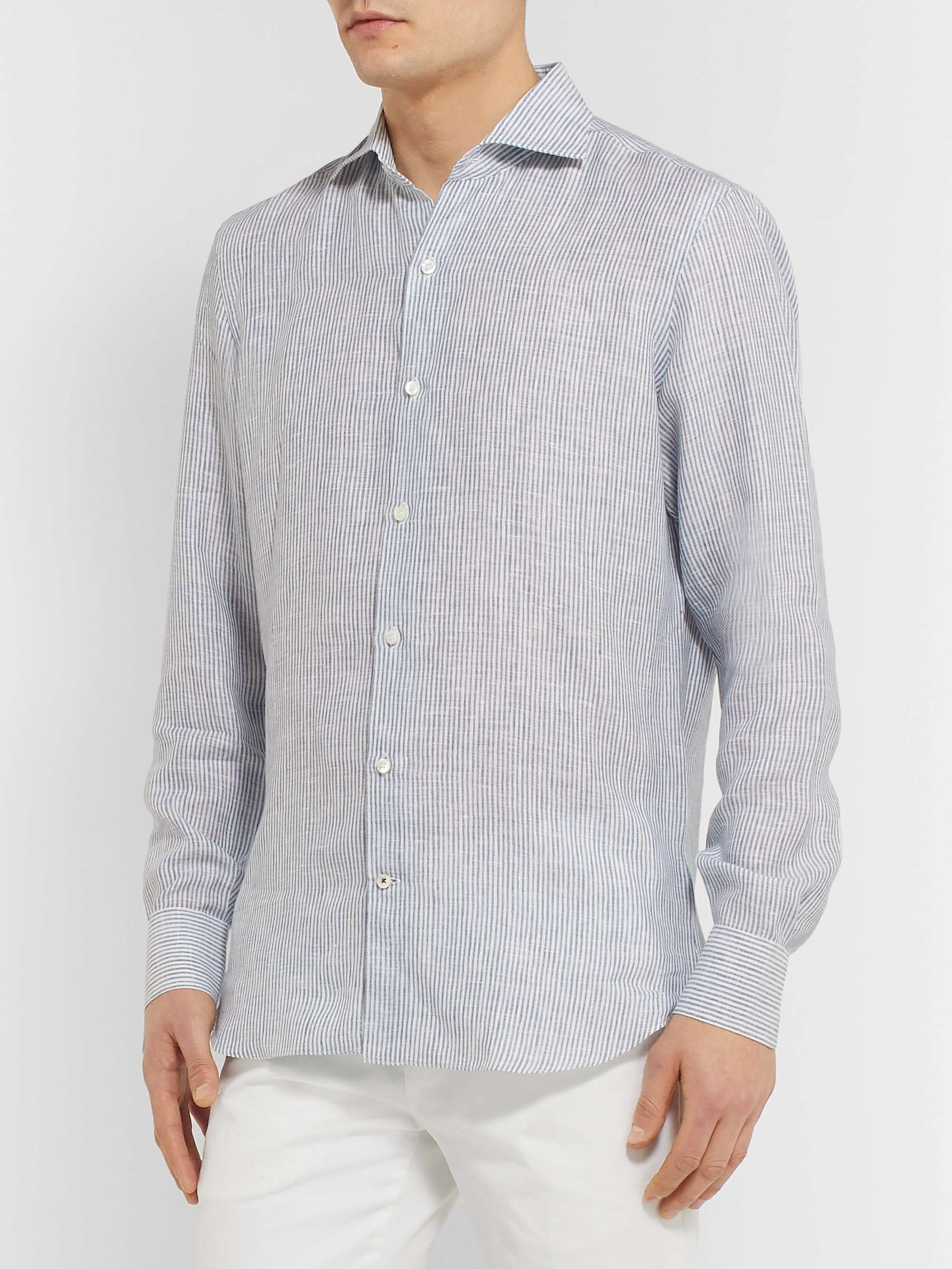Albert Slim-Fit Cutaway-Collar Striped Linen Shirt view