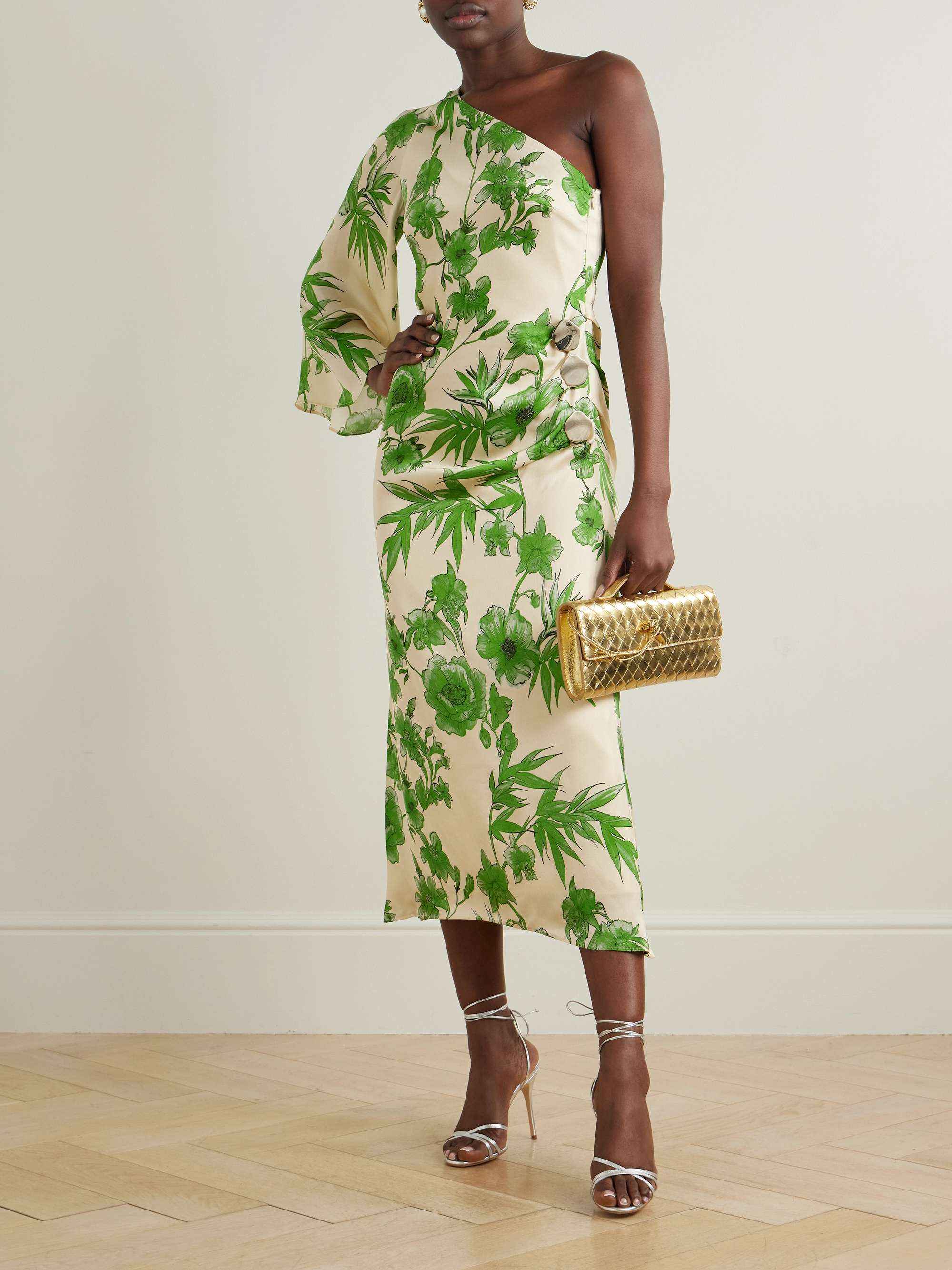 Atlantis one-shoulder embellished floral-print satin midi dress view
