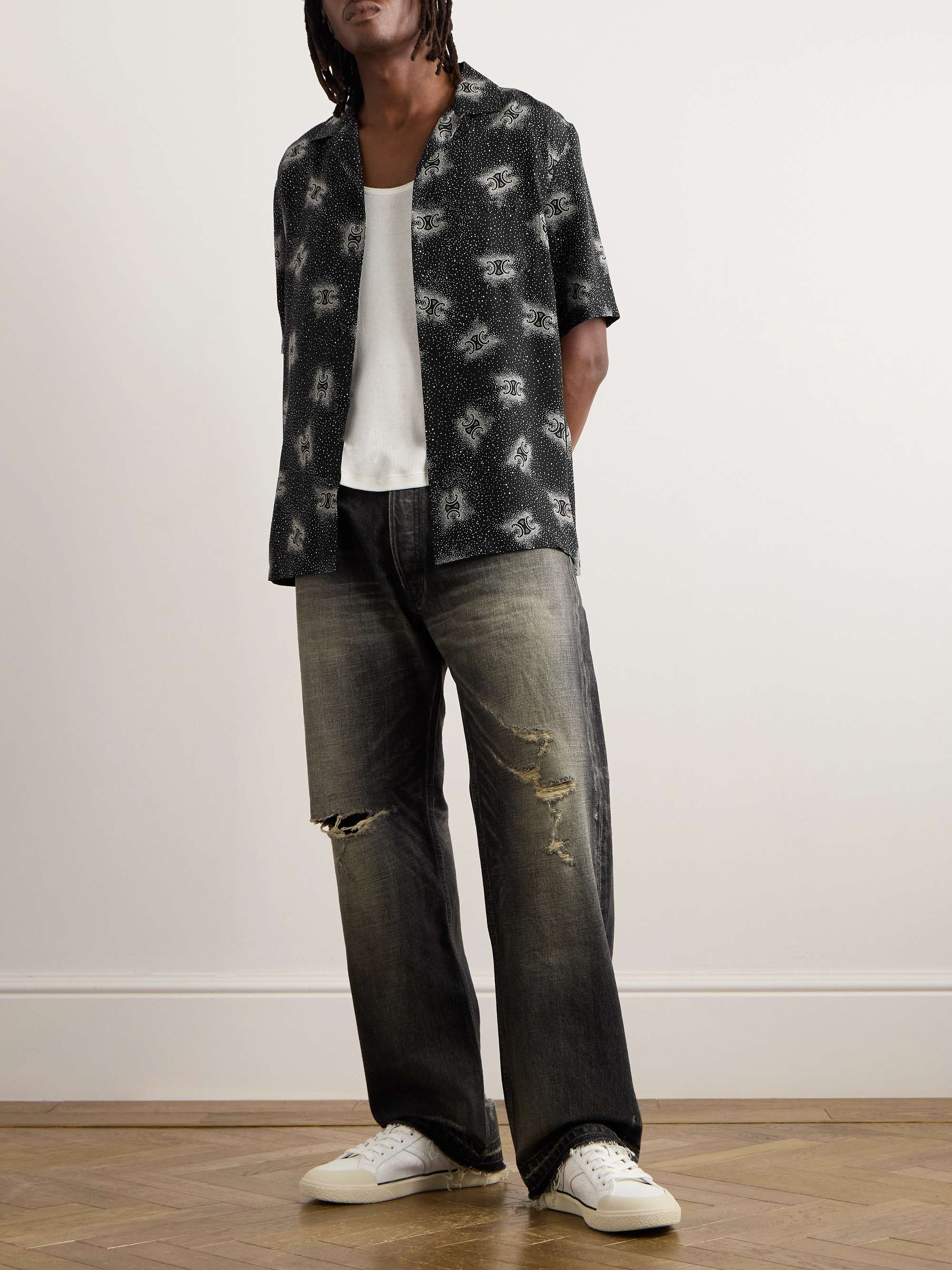 Camp-Collar Logo-Print Polka-Dot Silk Shirt view