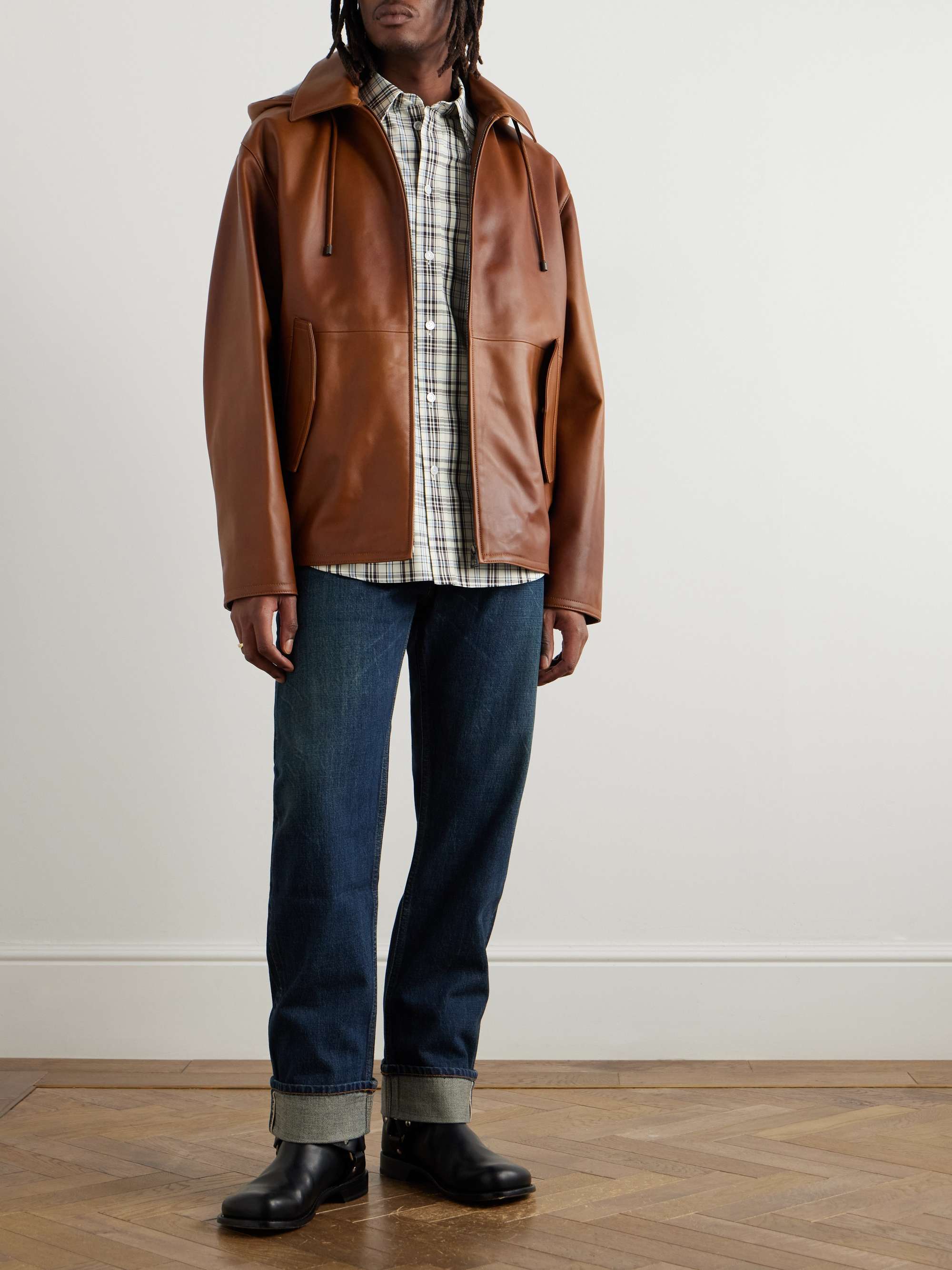 Shearling-Trimmed Leather Hooded Jacket view