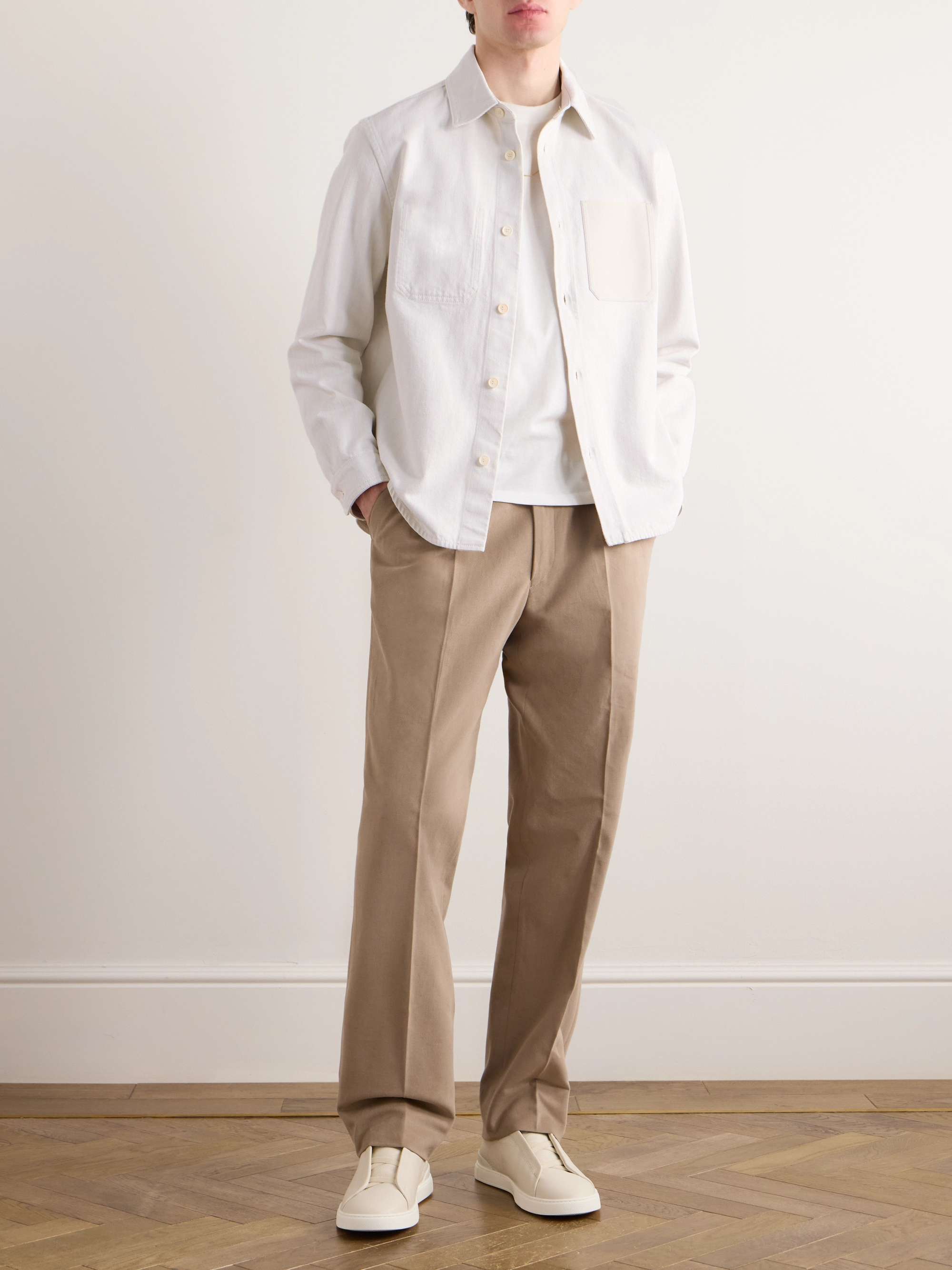 Leather-Trimmed Denim Overshirt view