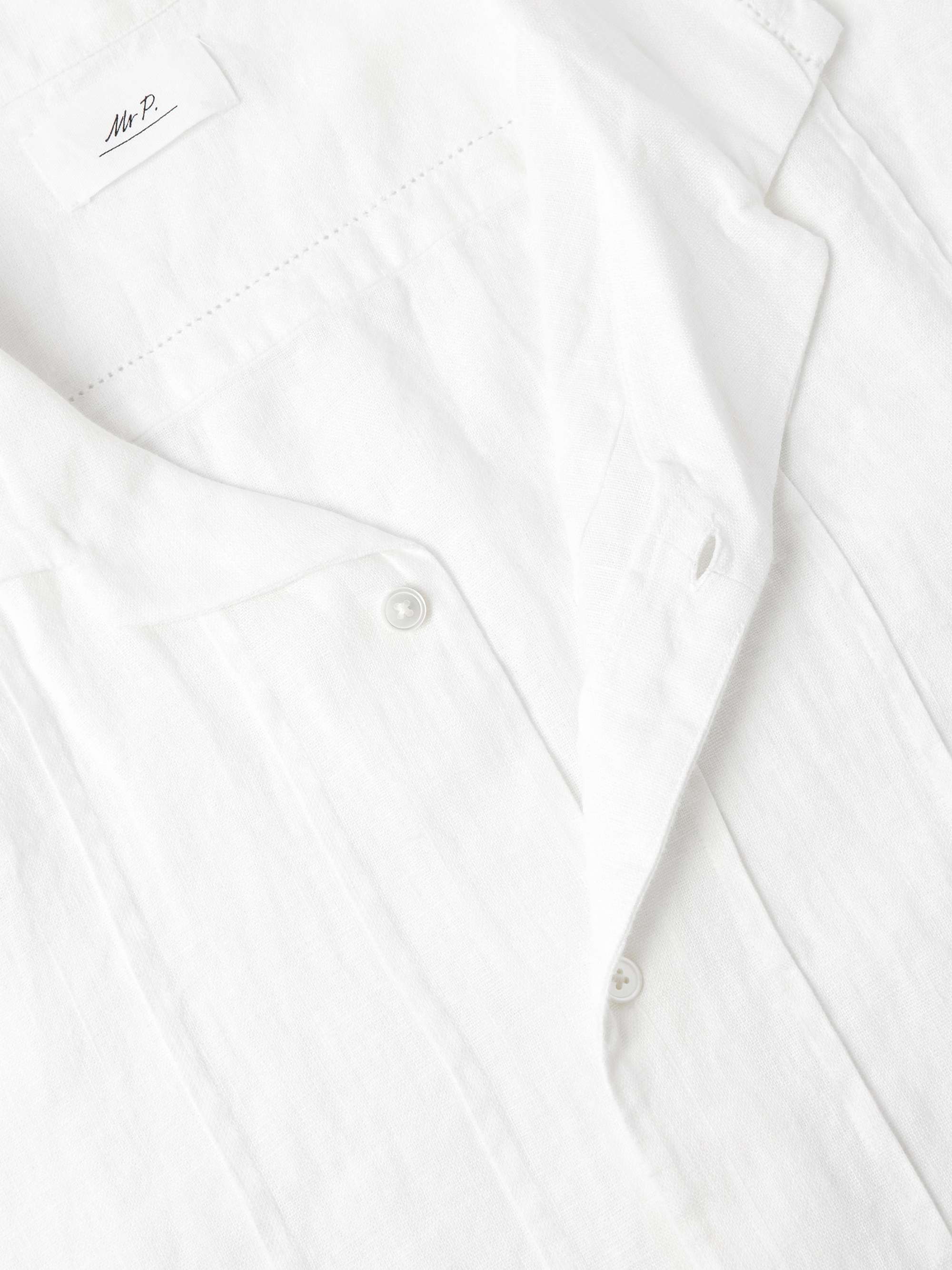 Camp-Collar Embroidered Pintucked Linen Shirt view