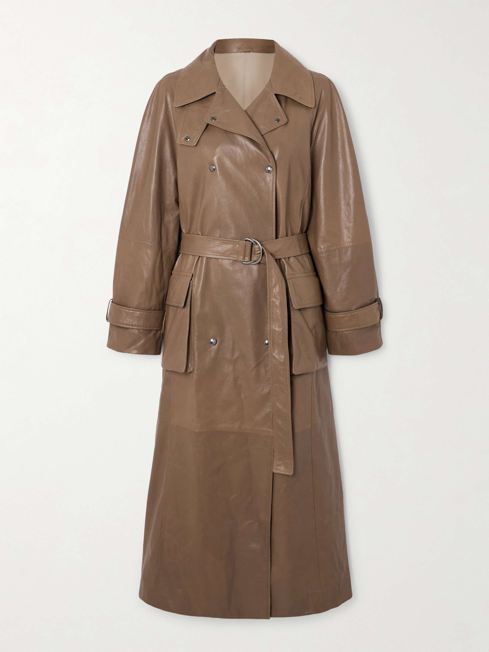 Bead-embellished belted double-breasted leather trench coat view