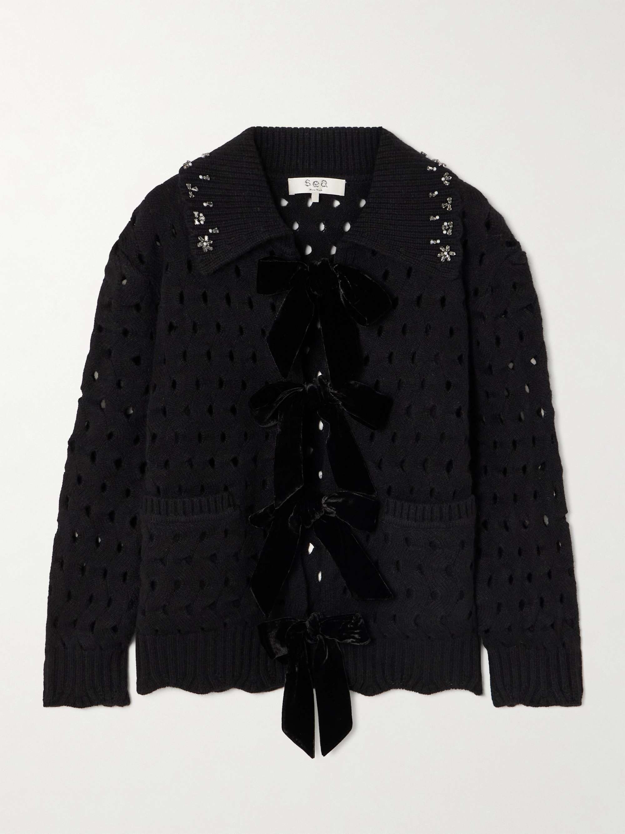 Leia embellished velvet-trimmed open-knit wool cardigan view