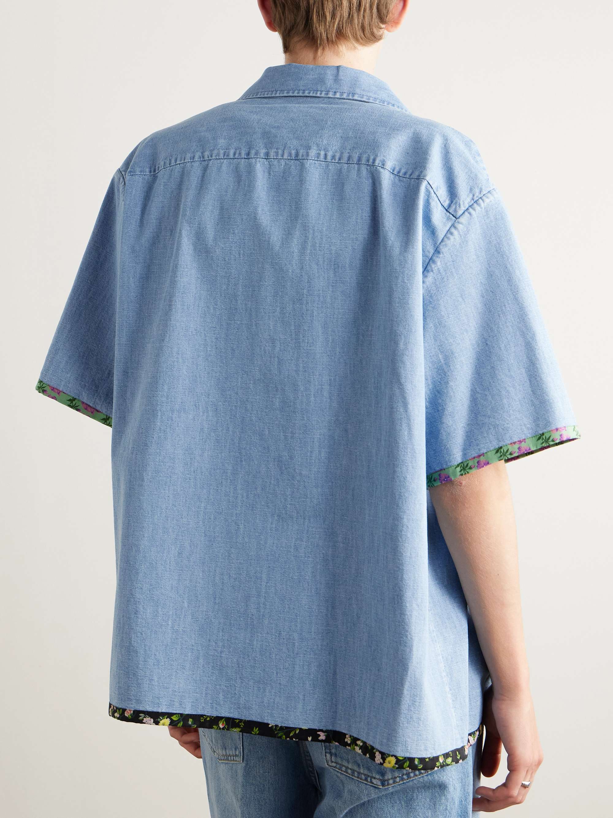 Camp-Collar Floral-Trimmed Denim Shirt view