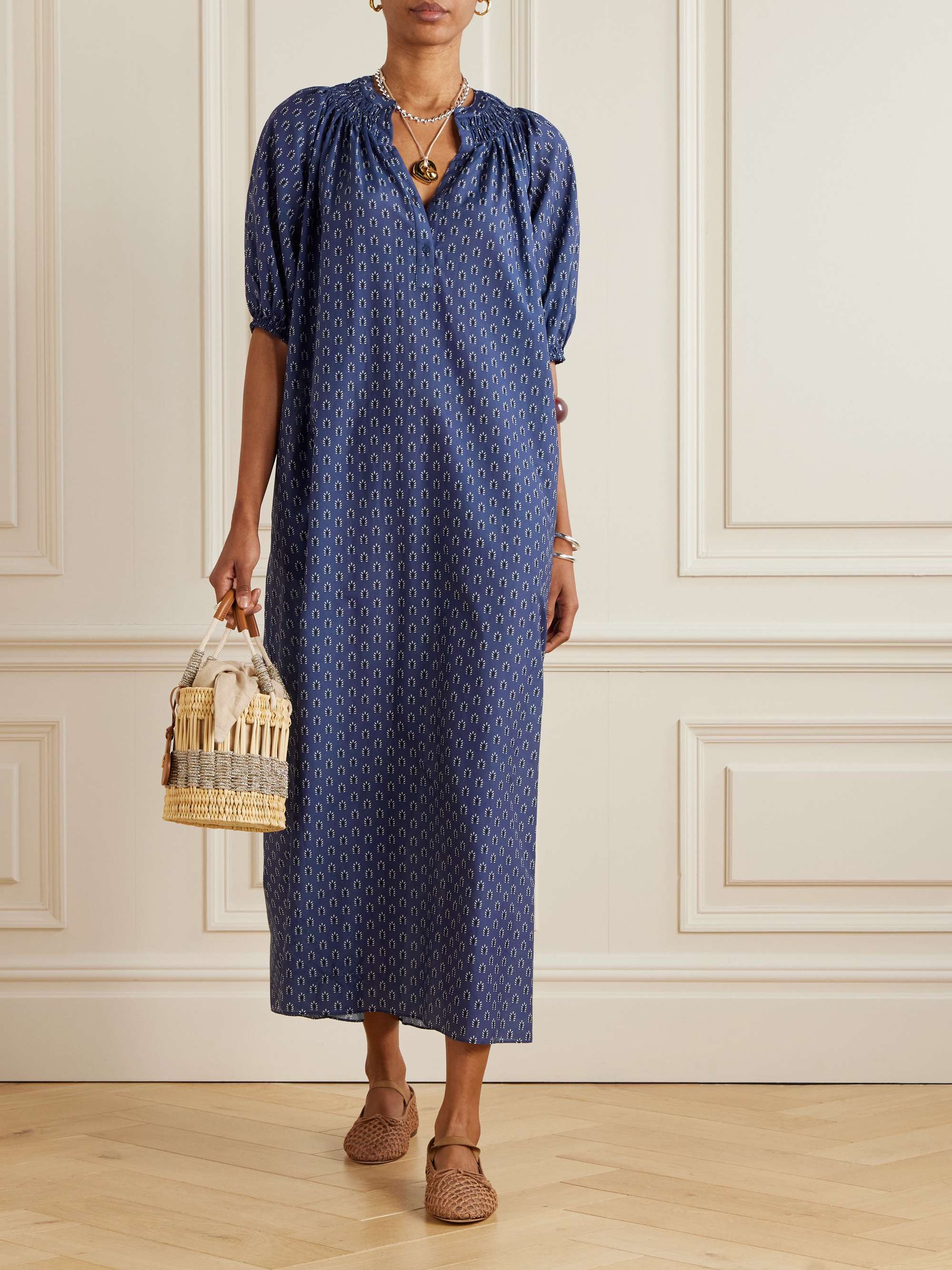 Gathered printed organic cotton and silk-blend maxi dress view