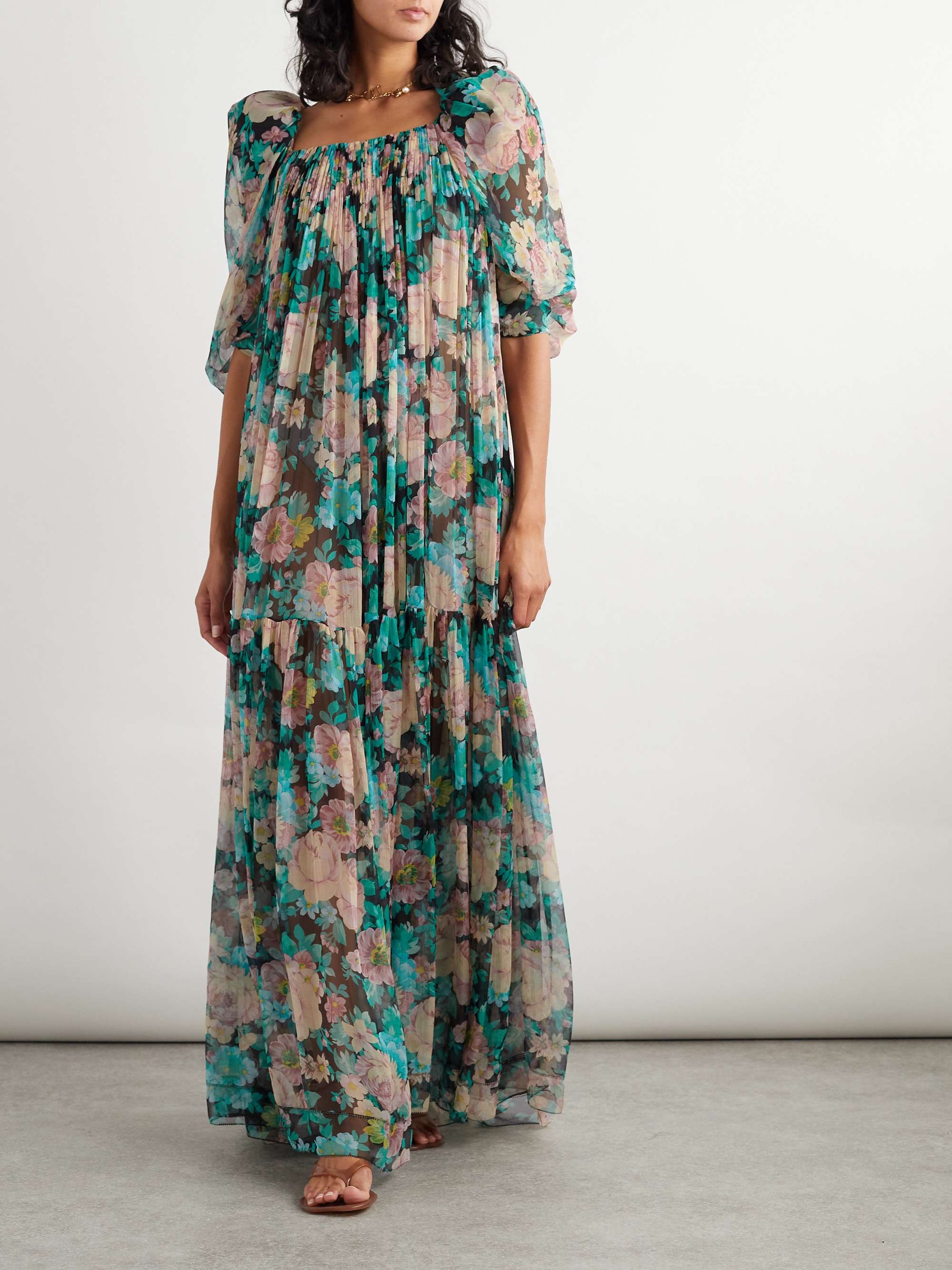 Gathered floral-print silk-muslin maxi dress view