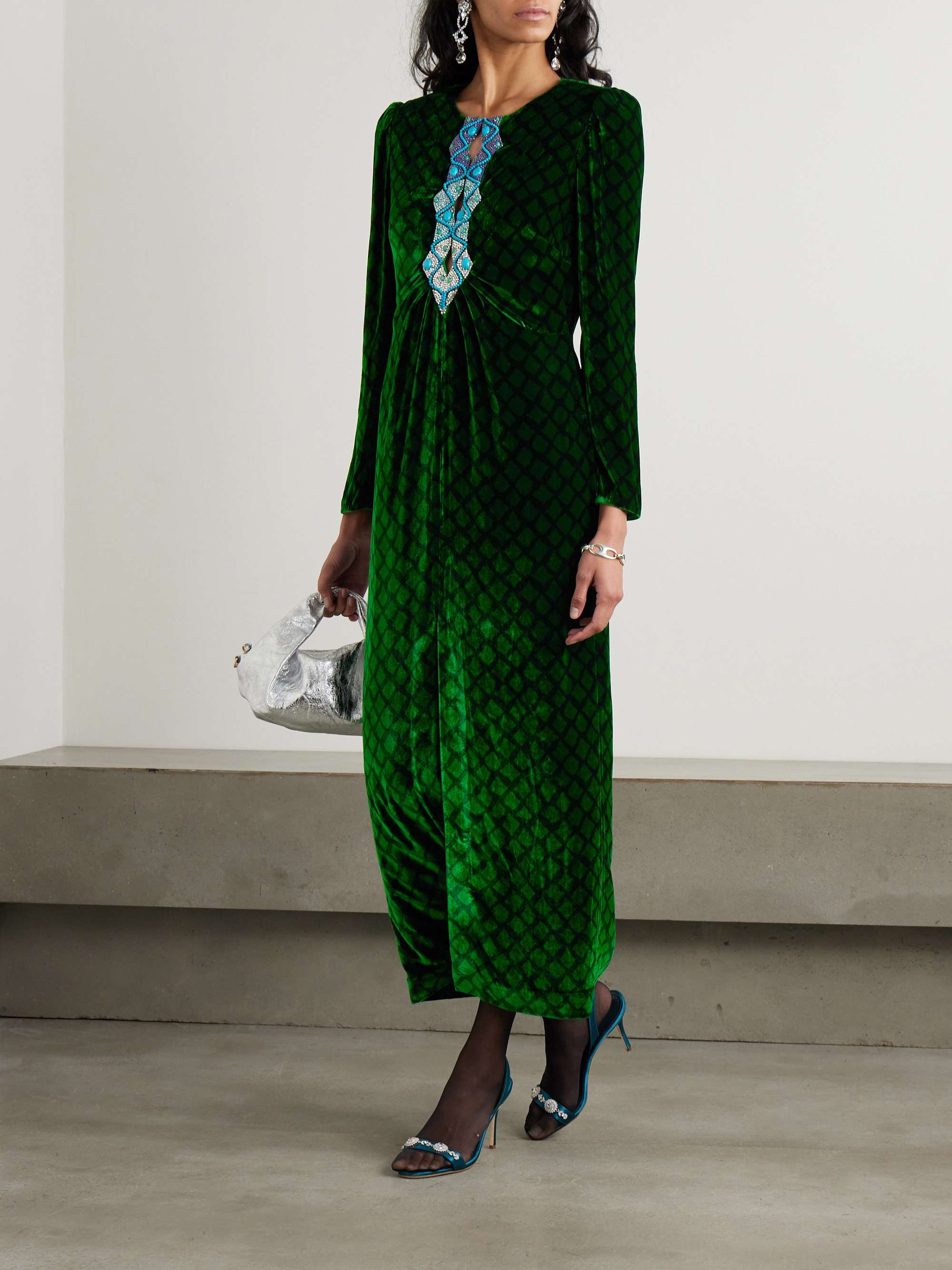 Jinx C embellished silk-trimmed printed velvet midi dress view