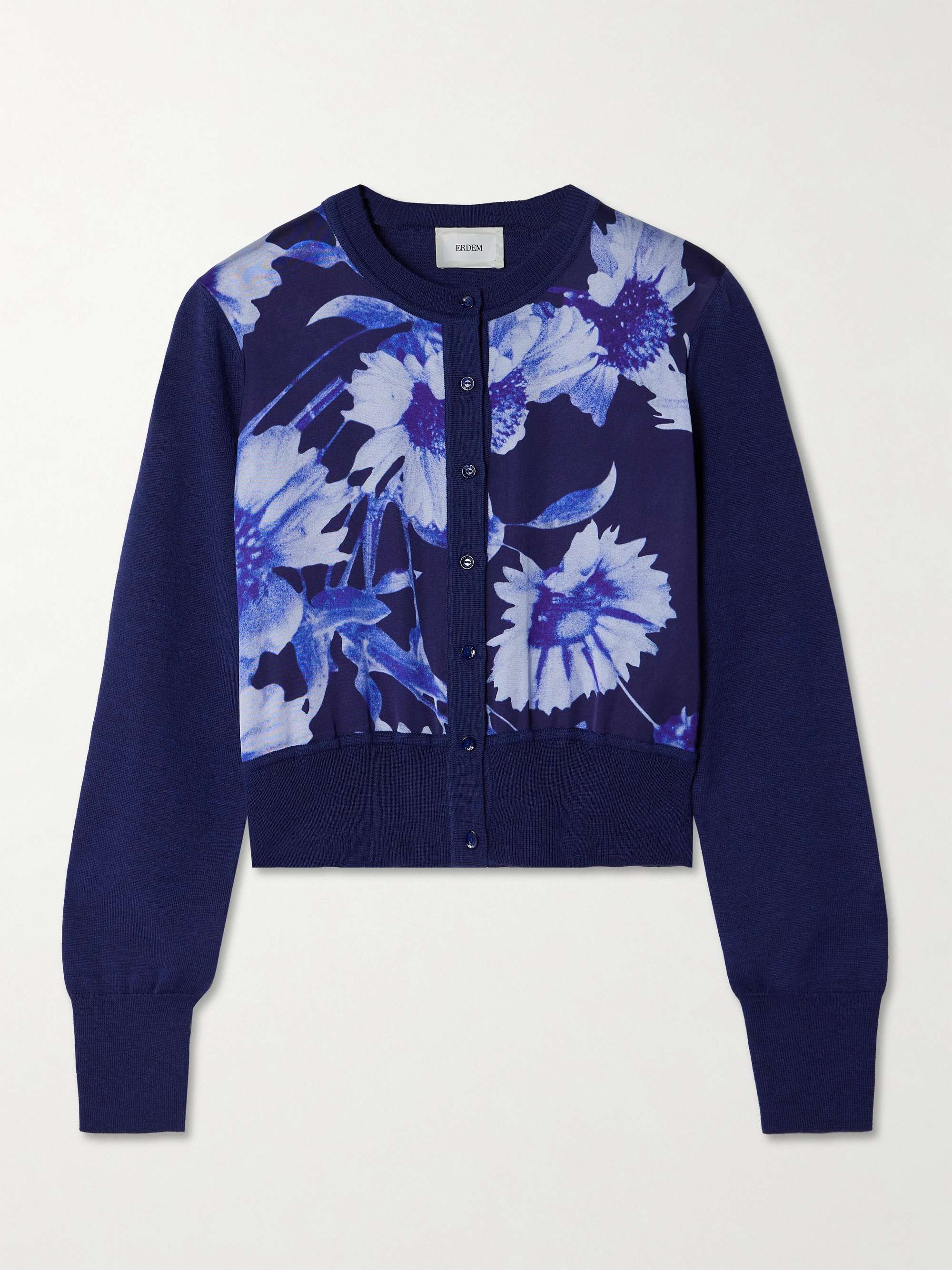 Merino wool and floral-print satin cardigan view