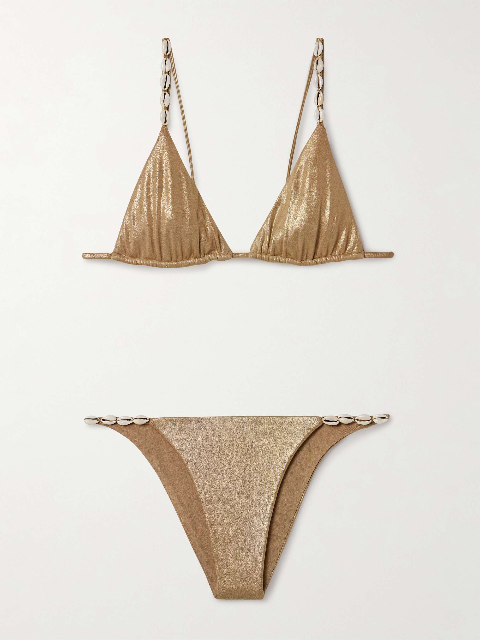Cowries embellished metallic triangle bikini view