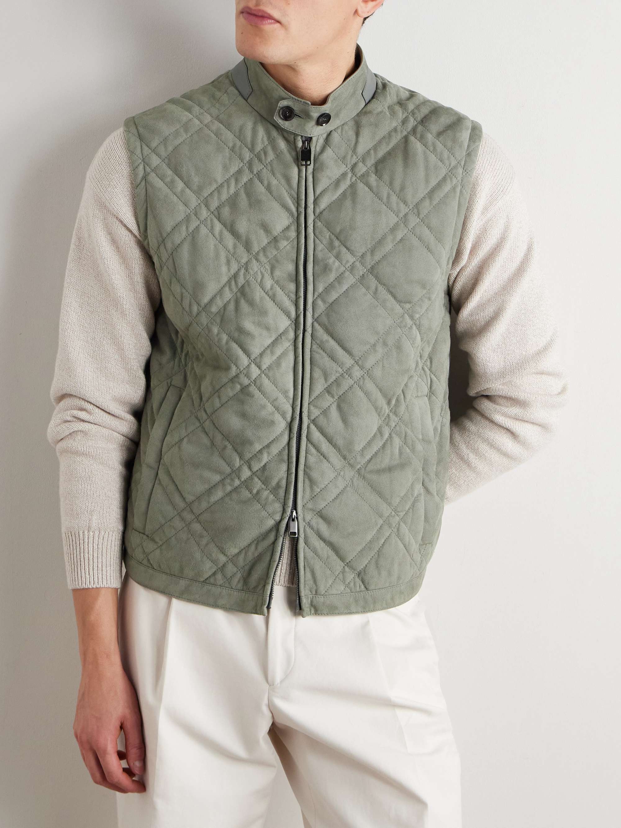 Leather-Trimmed Quilted Padded Suede Gilet view