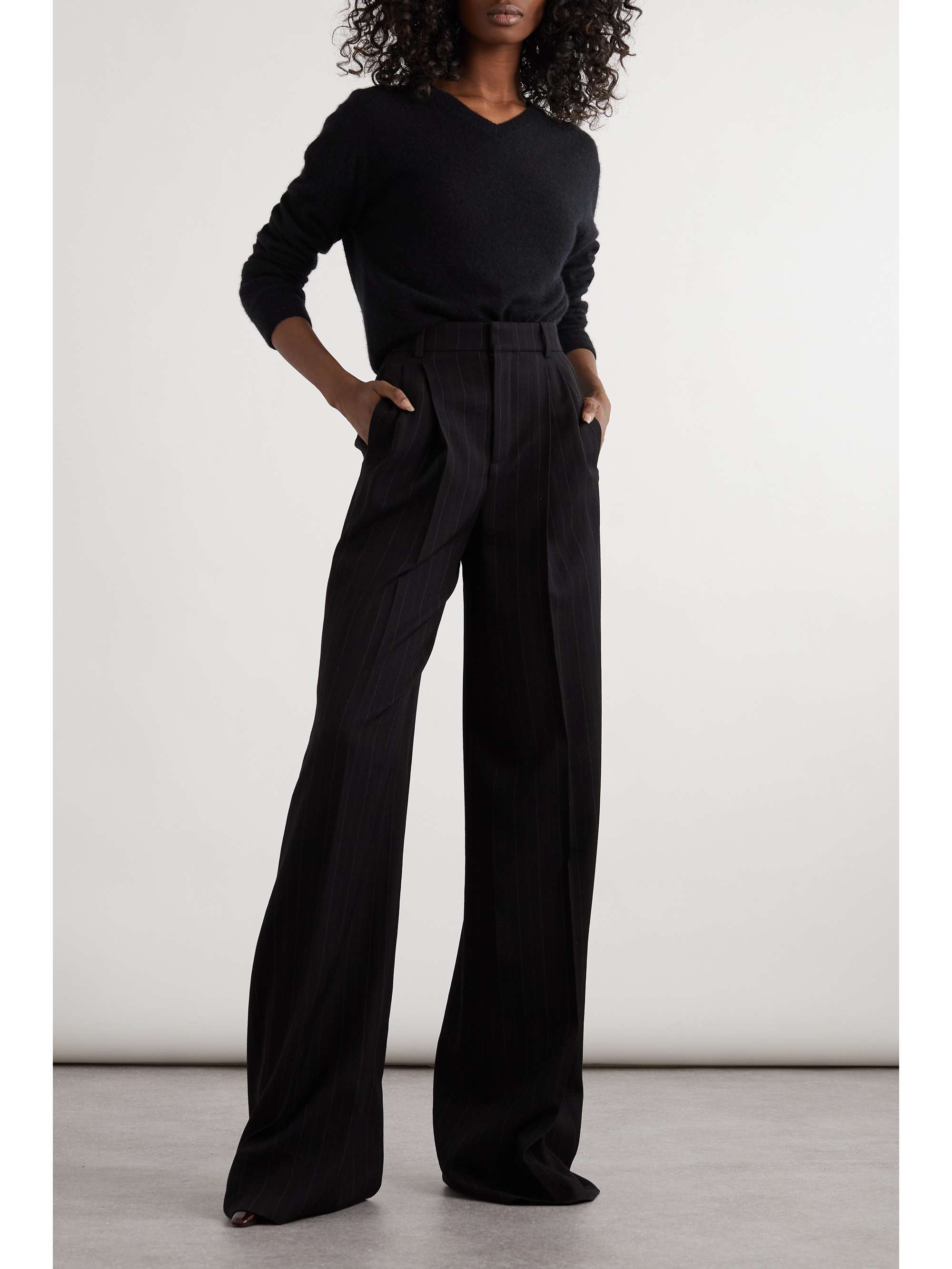 Pleated pinstriped wool-blend wide-leg pants view
