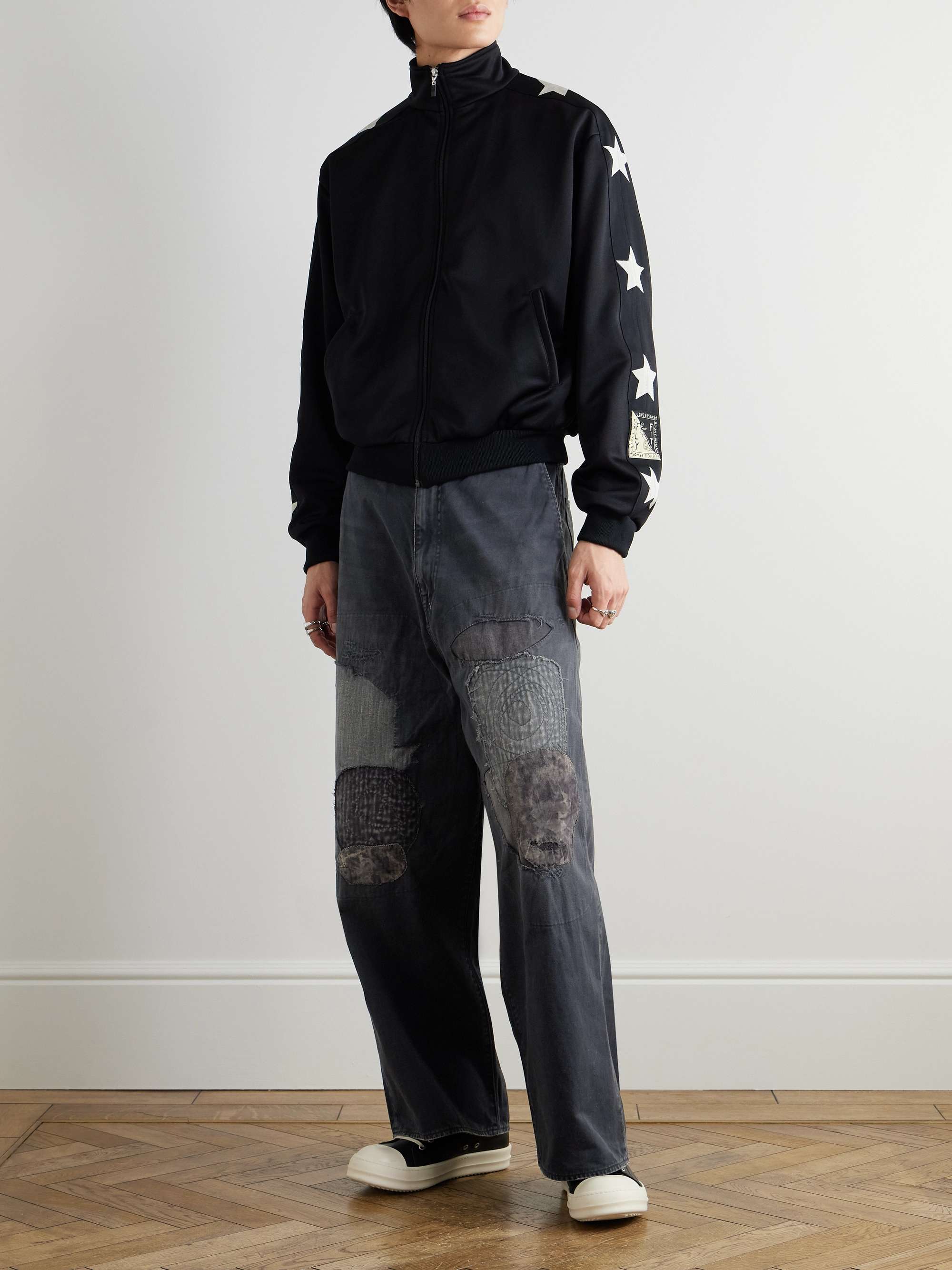 Katsuragi Port Straight-Leg Patchwork Distressed Cotton-Twill Trousers view