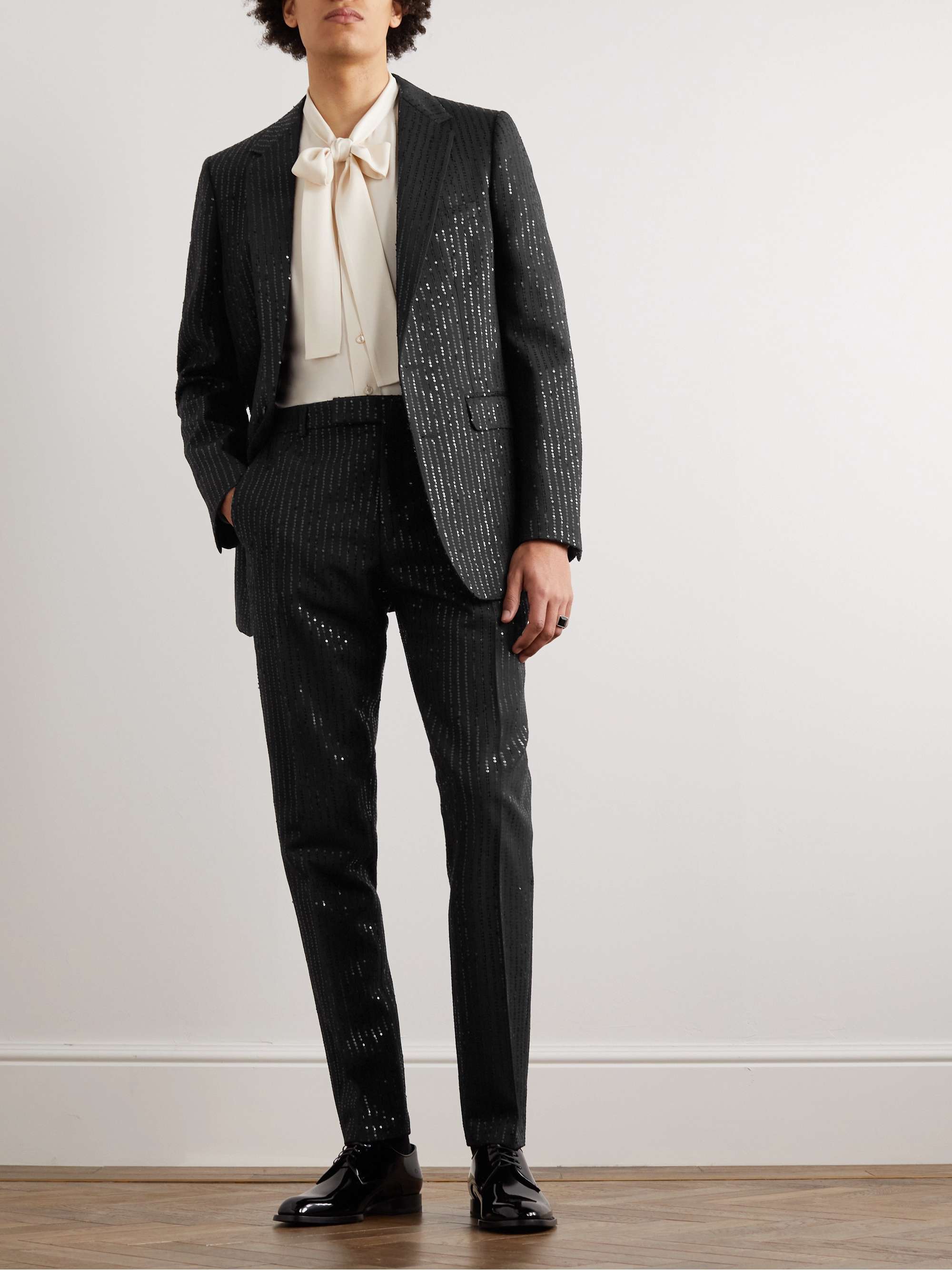 Straight-Leg Striped Sequin-Embellished Wool Trousers view