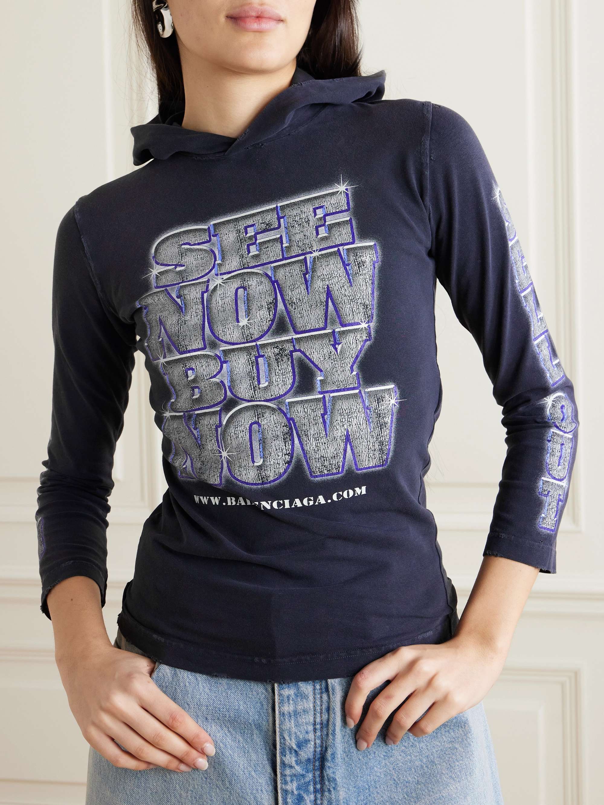 Distressed printed stretch-cotton jersey hooded T-shirt view
