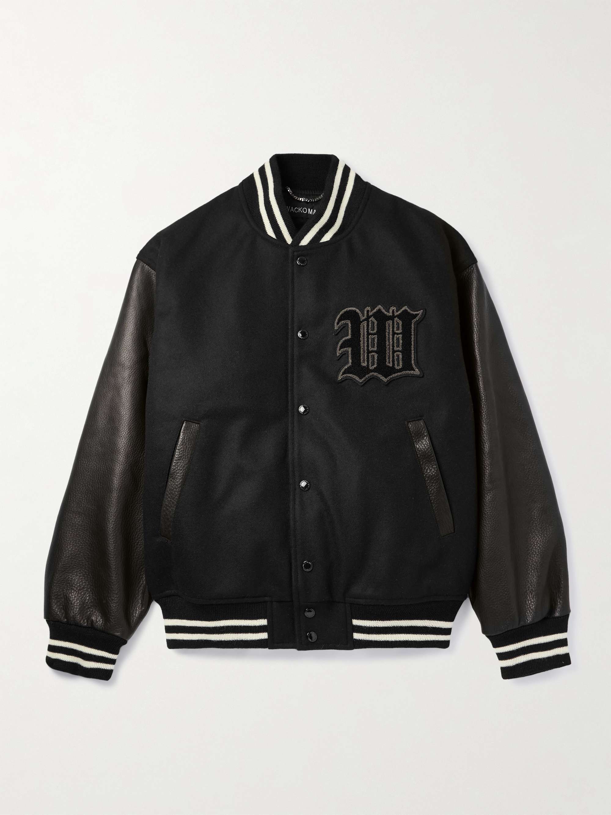 Leather-Panelled Striped Appliquéd Wool-Blend Varsity Jacket view